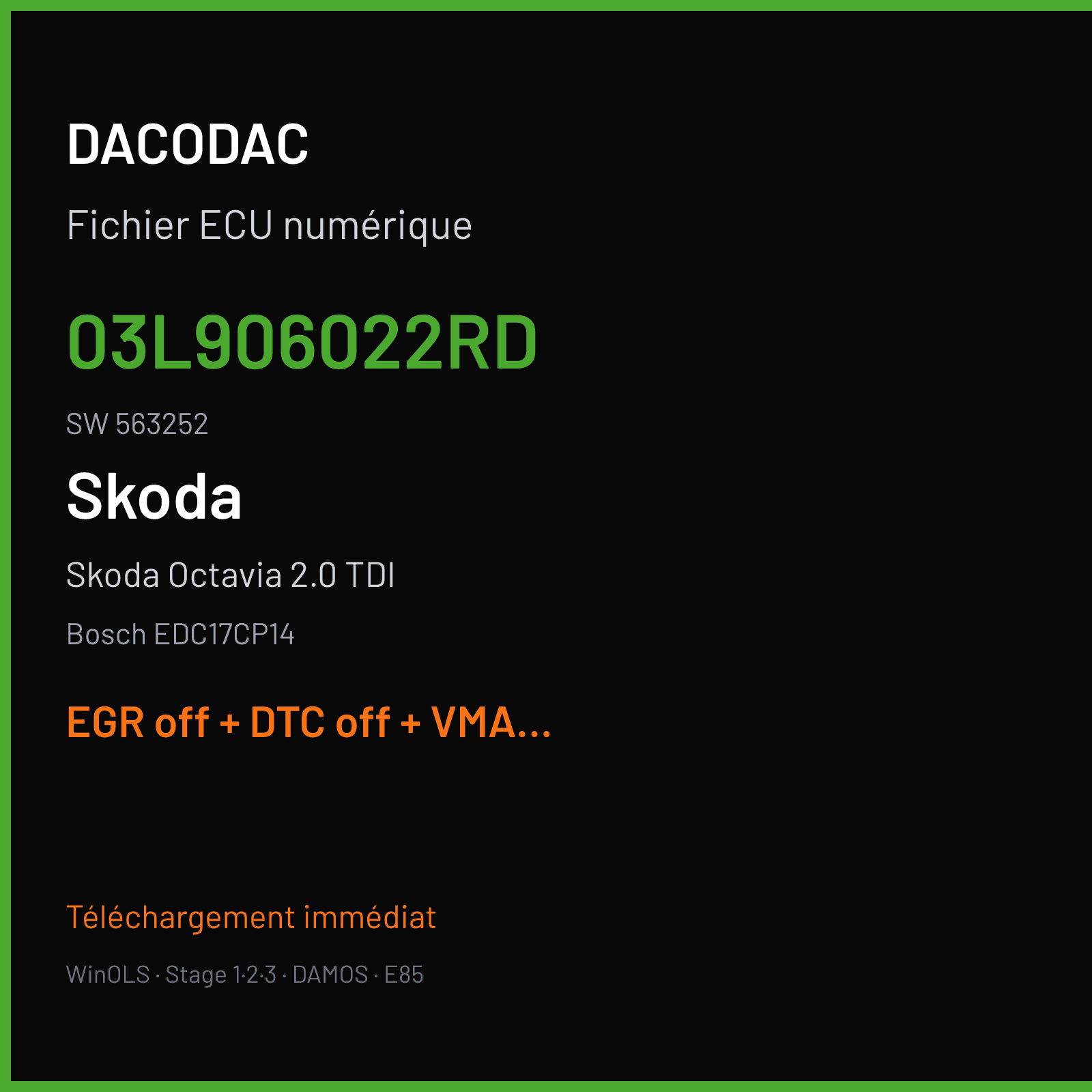 Skoda Octavia 2.0 TDI (2010) — Bosch EDC17CP14 — 03L906022RD · 563252 — EGR off + DTC off + VMAX off
