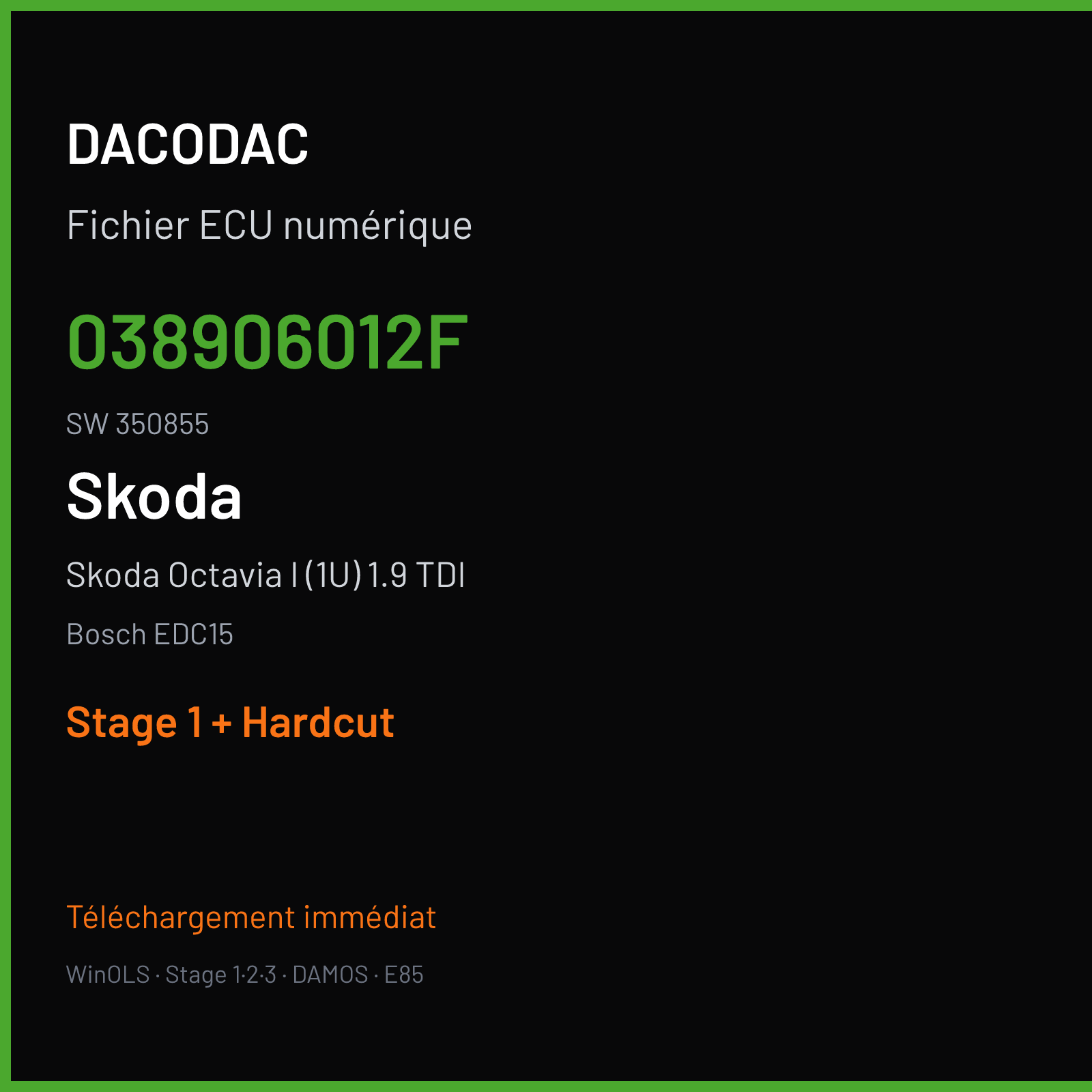 Skoda Octavia I (1U) 1.9 TDI (2003) — Bosch EDC15 — 038906012F · 350855 — Stage 1 + Hardcut