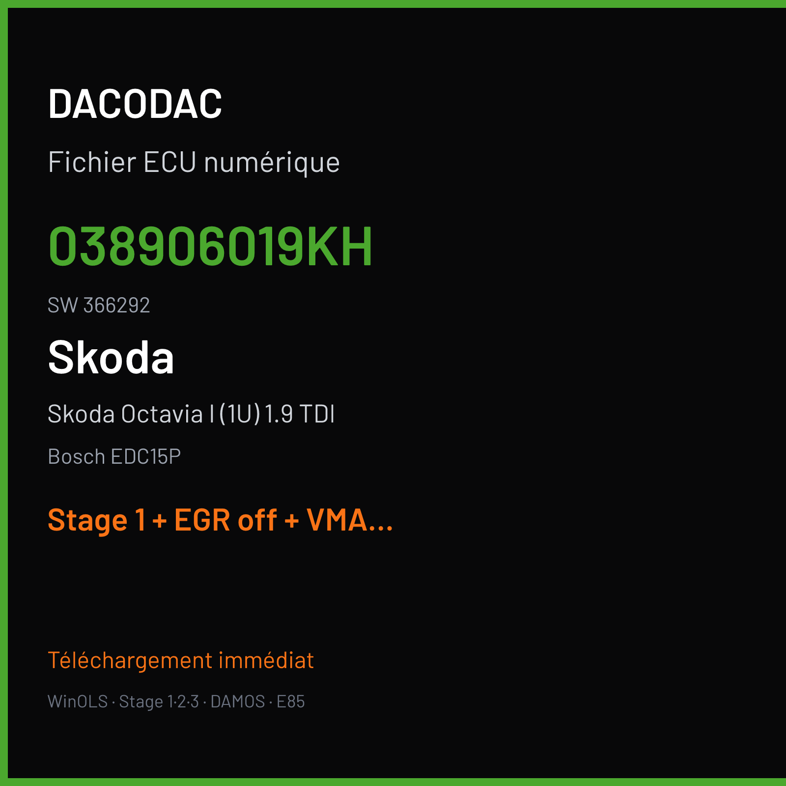 Skoda Octavia I (1U) 1.9 TDI (2004) — Bosch EDC15P — 038906019KH · 366292 — Stage 1 + EGR off + VMAX off