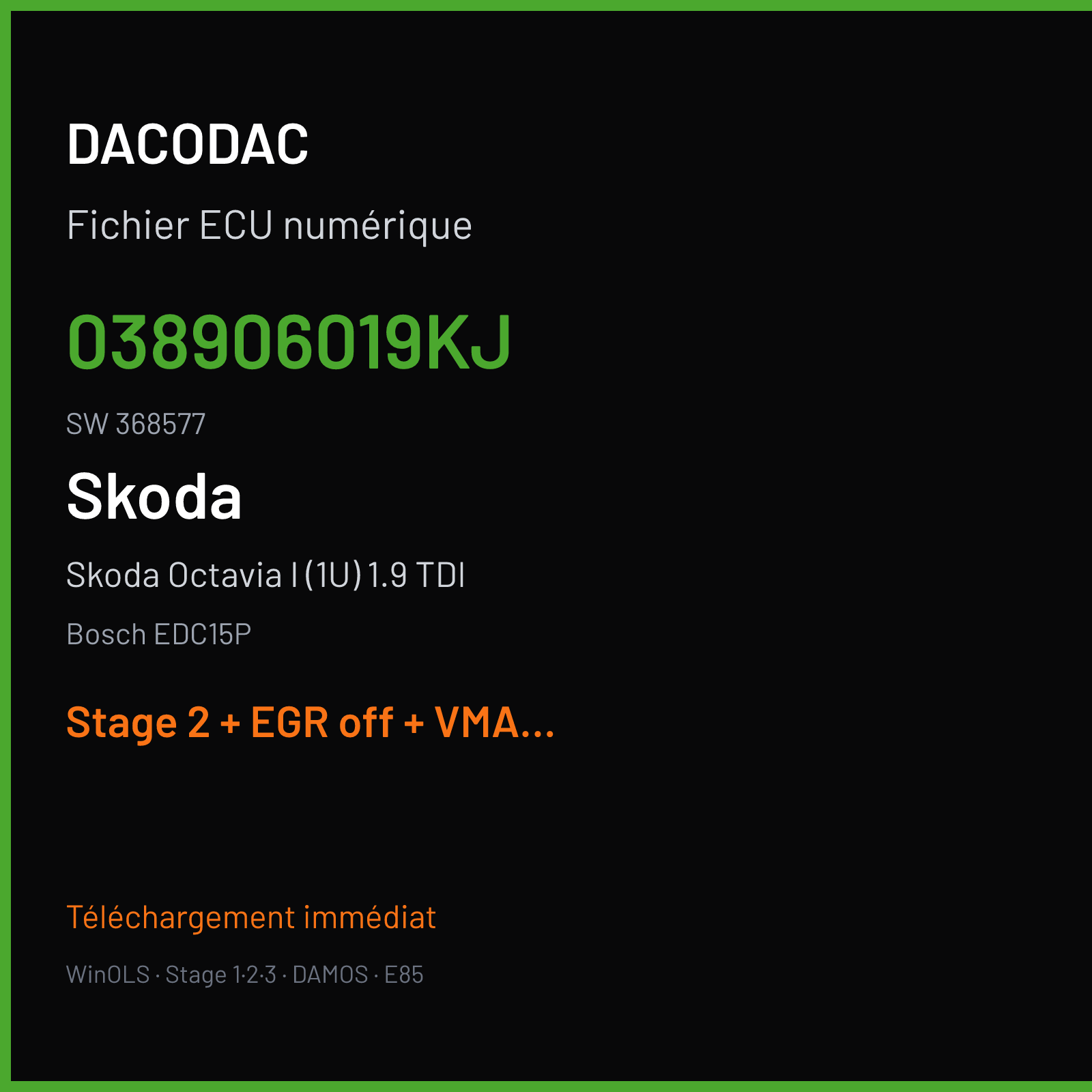 Skoda Octavia I (1U) 1.9 TDI (2004) — Bosch EDC15P — 038906019KJ · 368577 — Stage 2 + EGR off + VMAX off