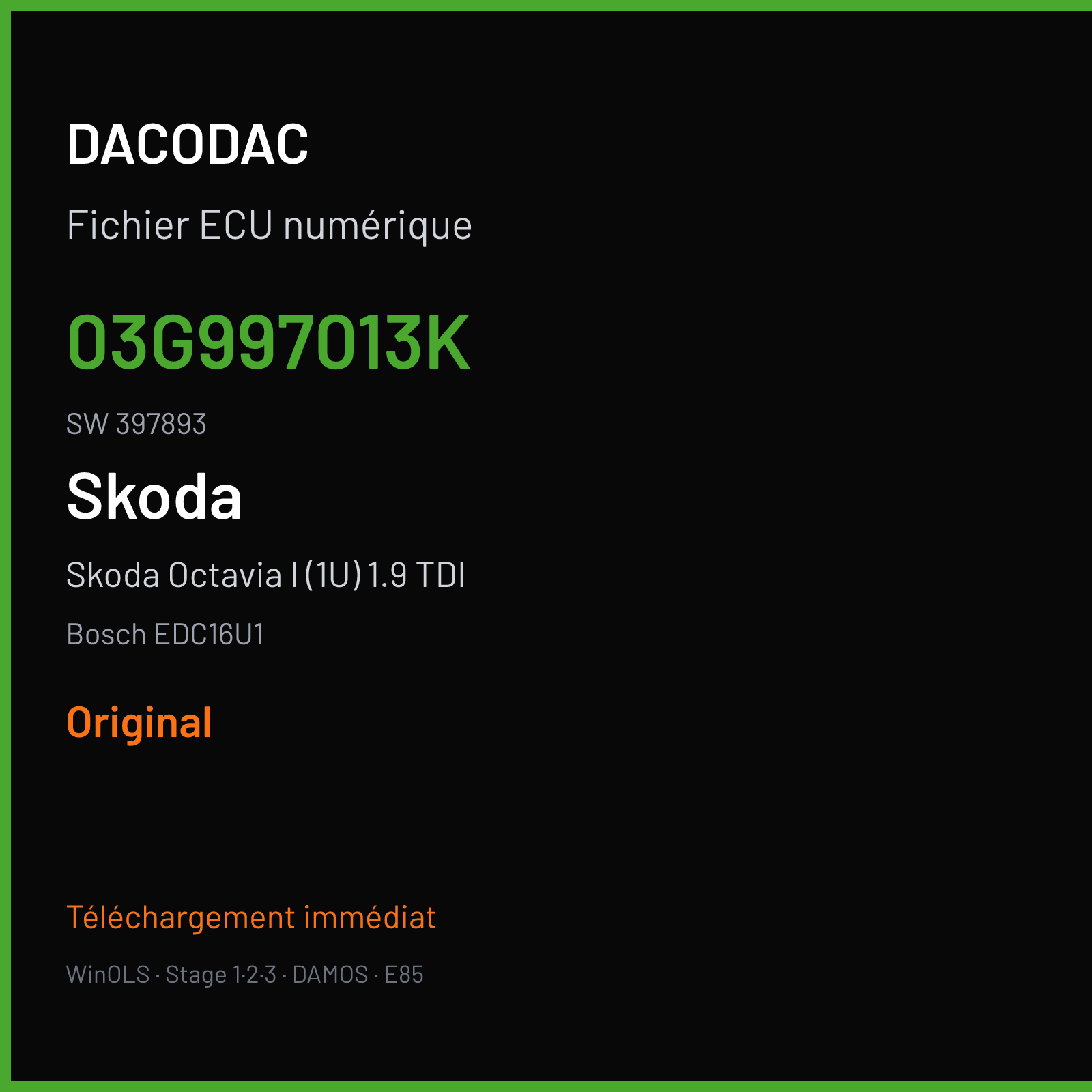 Skoda Octavia I (1U) 1.9 TDI (2007) — Bosch EDC16U1 — 03G997013K · 397893 — Original