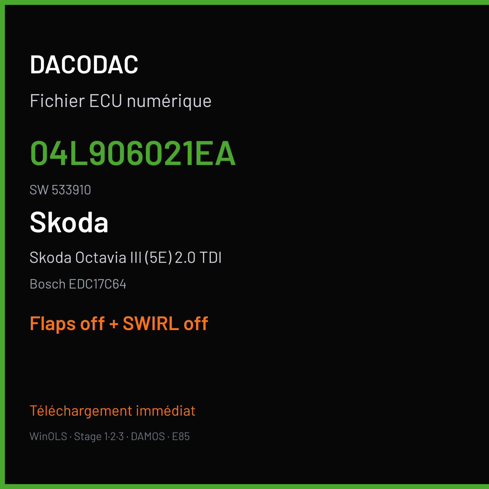 Skoda Octavia III (5E) 2.0 TDI (2013) — Bosch EDC17C64 — 04L906021EA · 533910 — Flaps off + SWIRL off