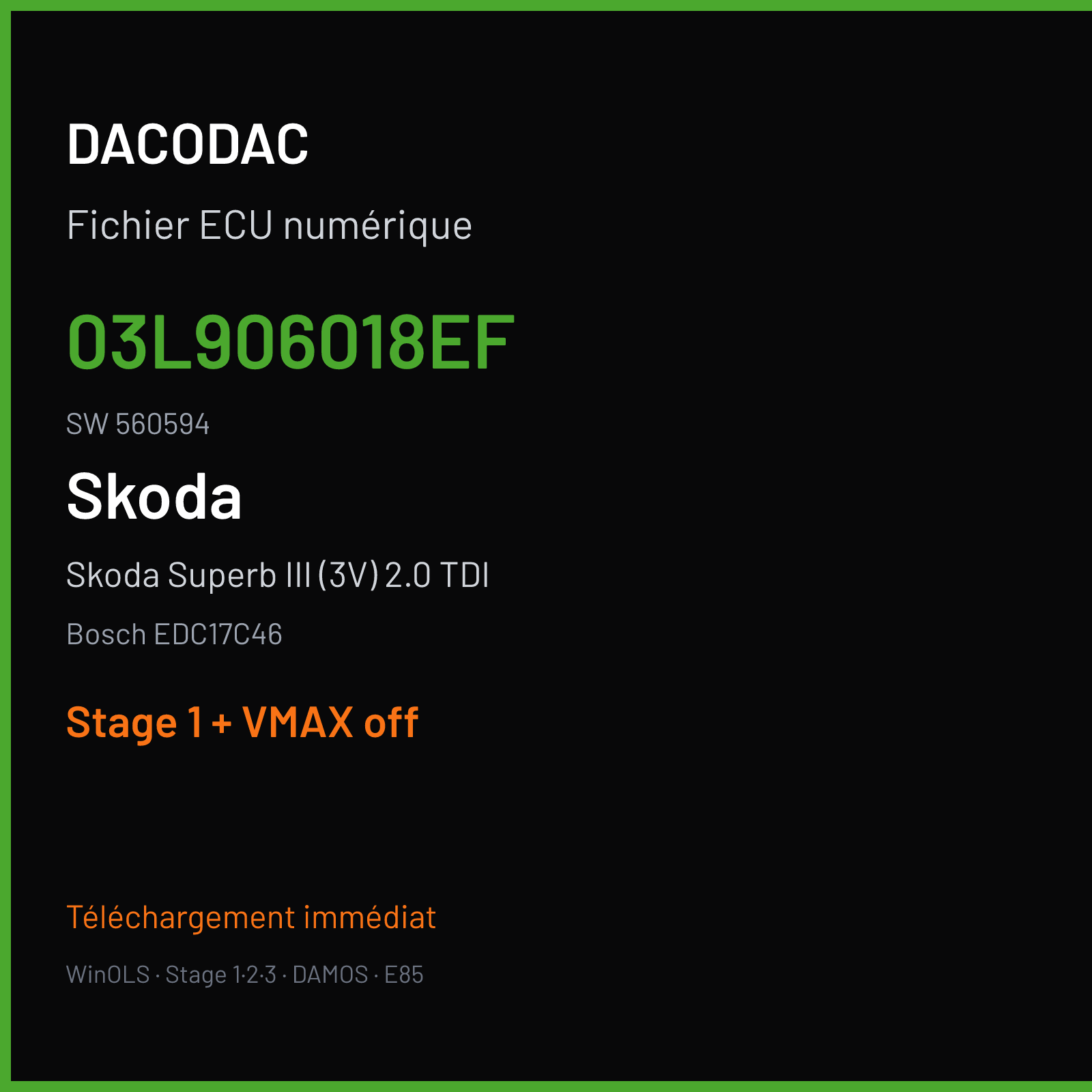 Skoda Superb III (3V) 2.0 TDI (2012) — Bosch EDC17C46 — 03L906018EF · 560594 — Stage 1 + VMAX off