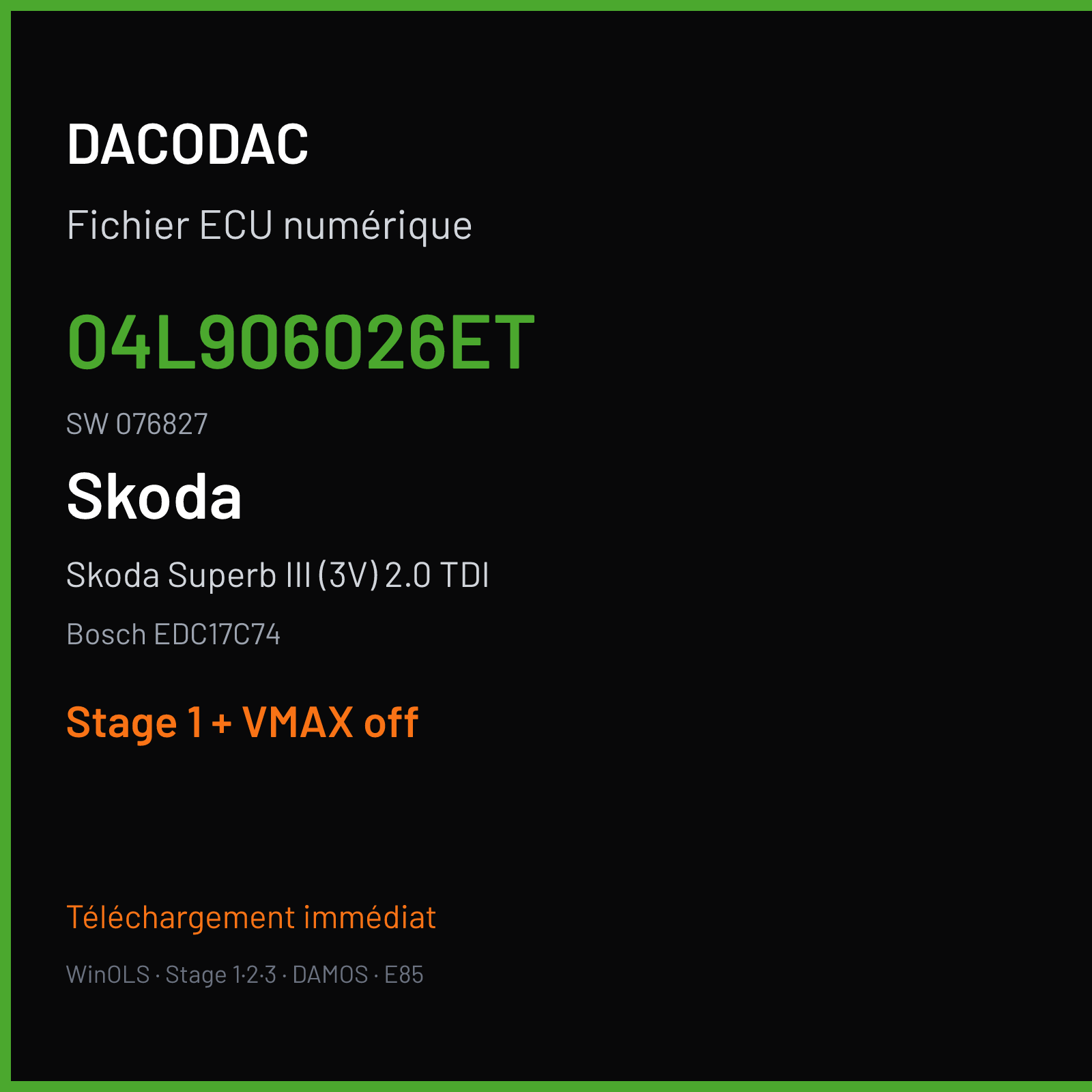 Skoda Superb III (3V) 2.0 TDI (2017) — Bosch EDC17C74 — 04L906026ET · 076827 — Stage 1 + VMAX off