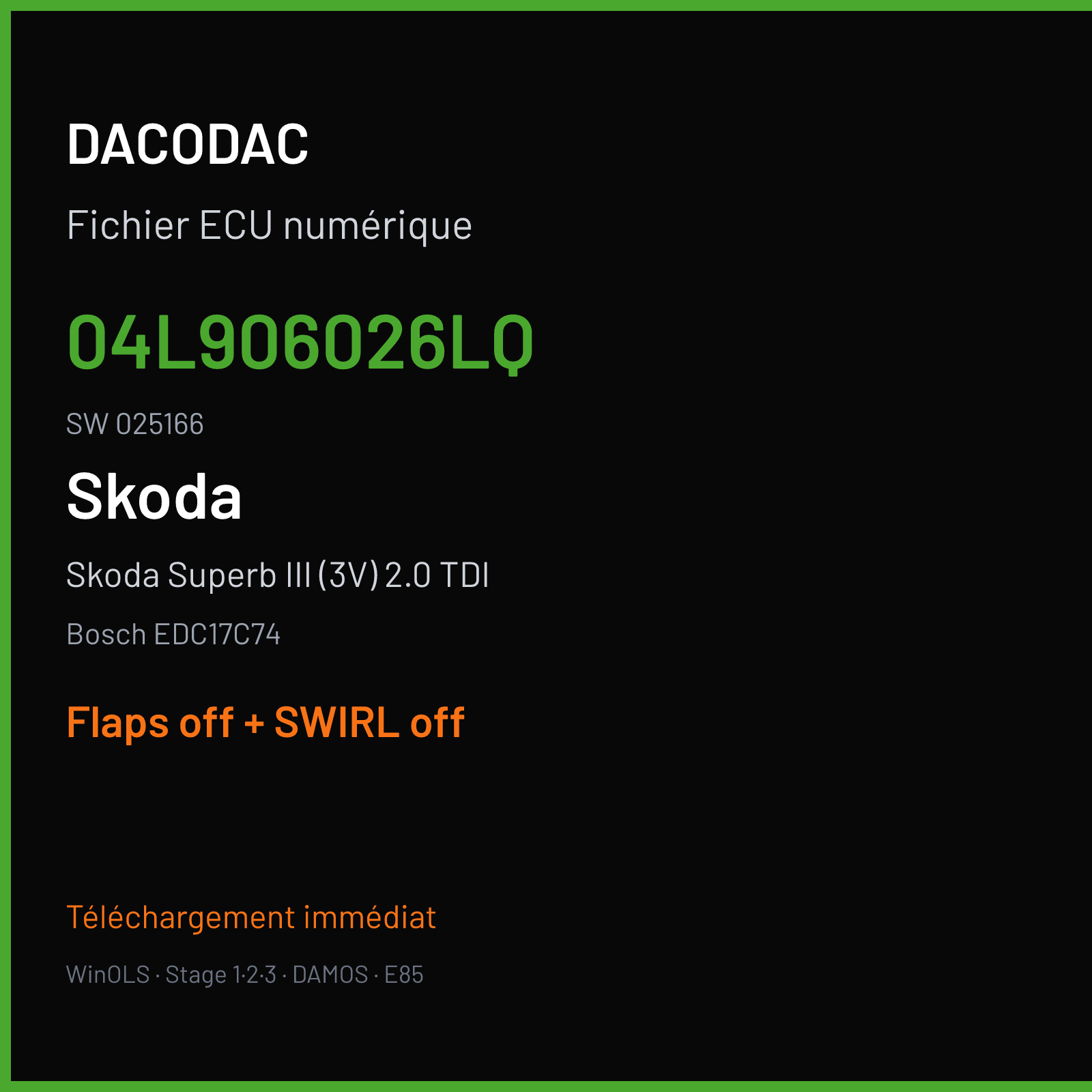 Skoda Superb III (3V) 2.0 TDI (2016) — Bosch EDC17C74 — 04L906026LQ · 025166 — Flaps off + SWIRL off