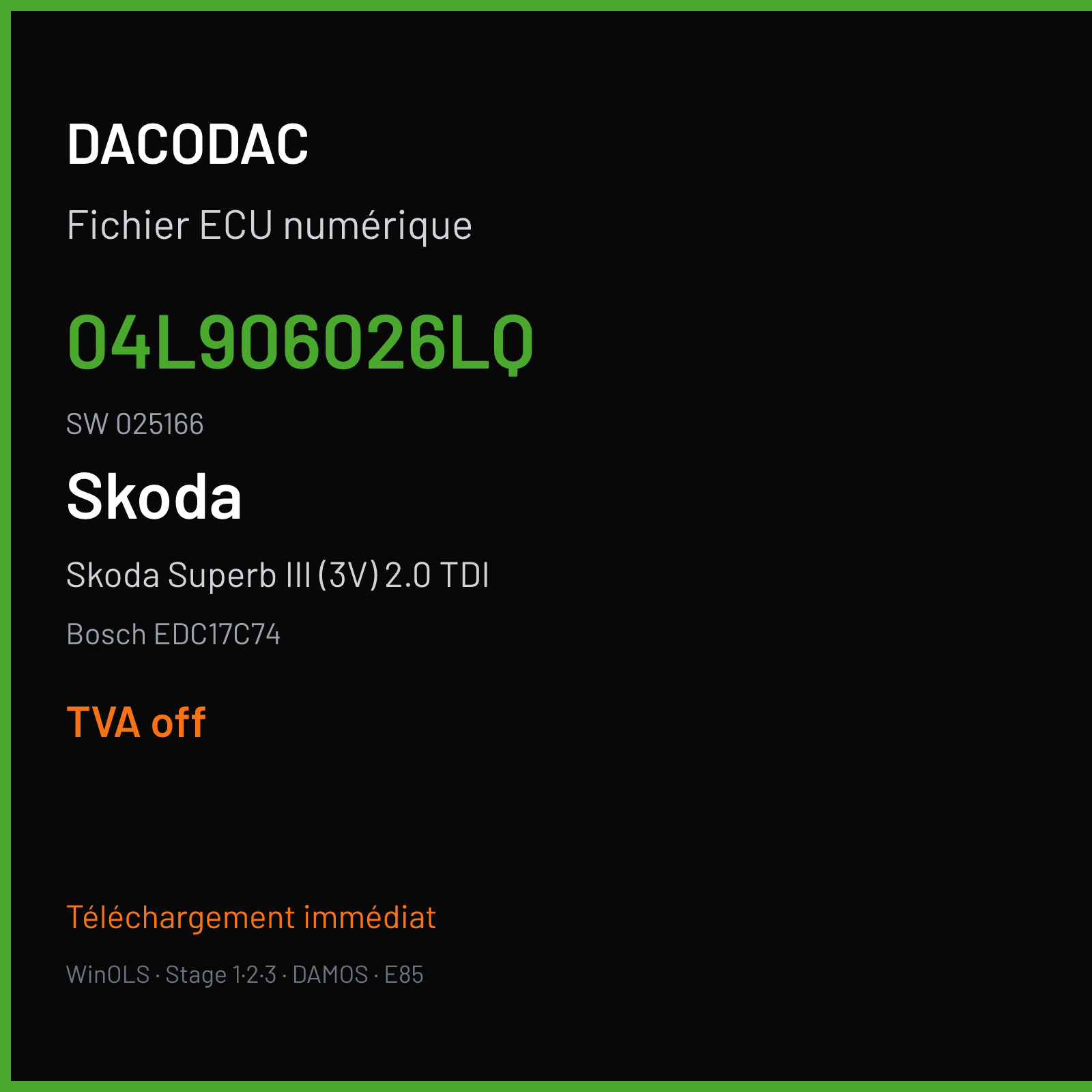 Skoda Superb III (3V) 2.0 TDI (2016) — Bosch EDC17C74 — 04L906026LQ · 025166 — TVA off
