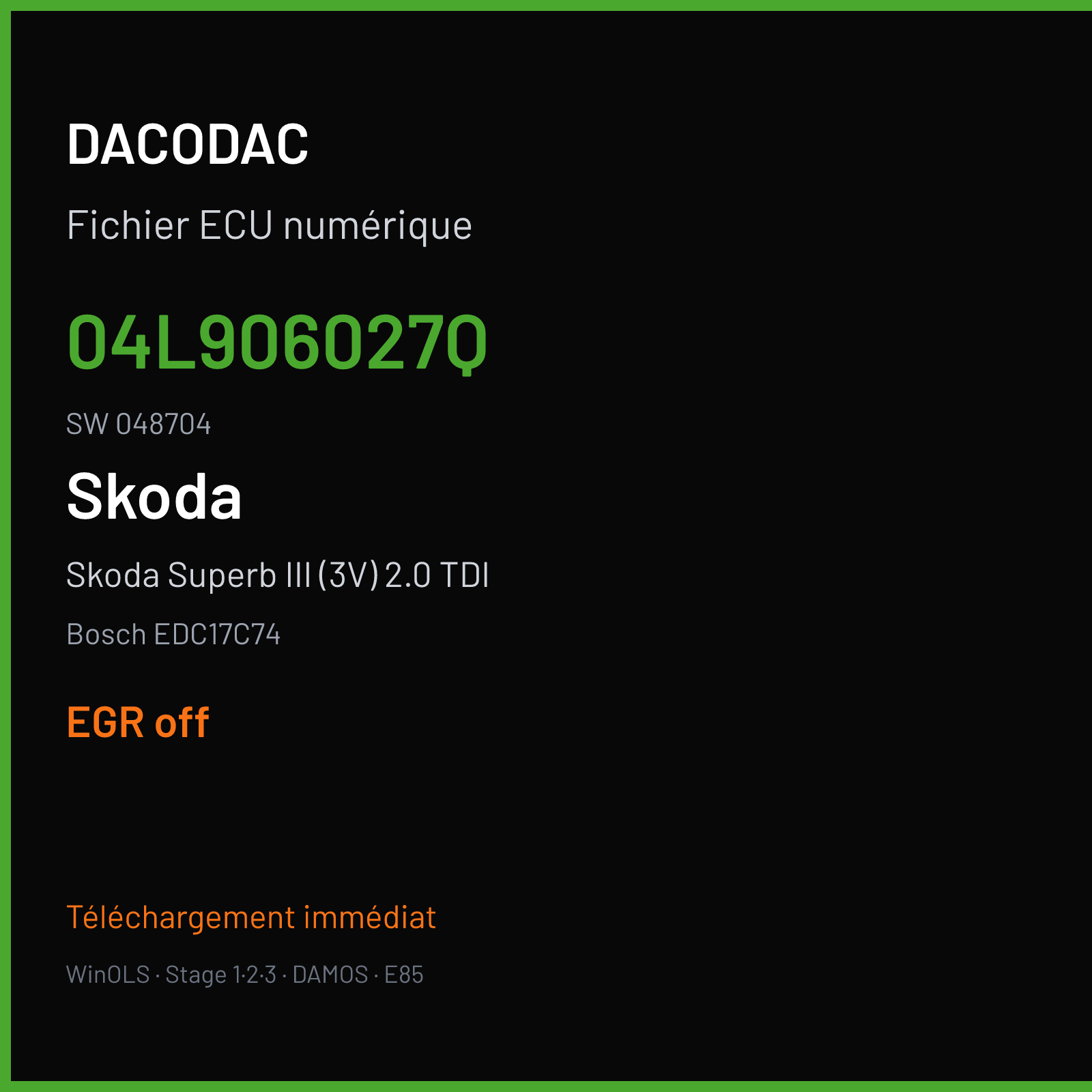 Skoda Superb III (3V) 2.0 TDI (2014) — Bosch EDC17C74 — 04L906027Q · 048704 — EGR off