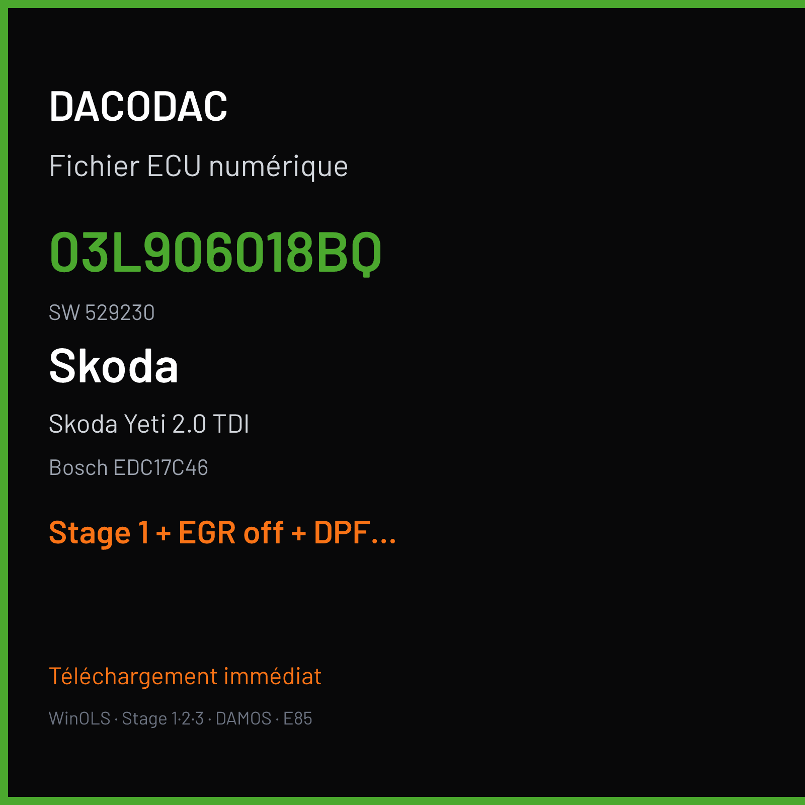 Skoda Yeti 2.0 TDI (2012) — Bosch EDC17C46 — 03L906018BQ · 529230 — Stage 1 + EGR off + DPF off
