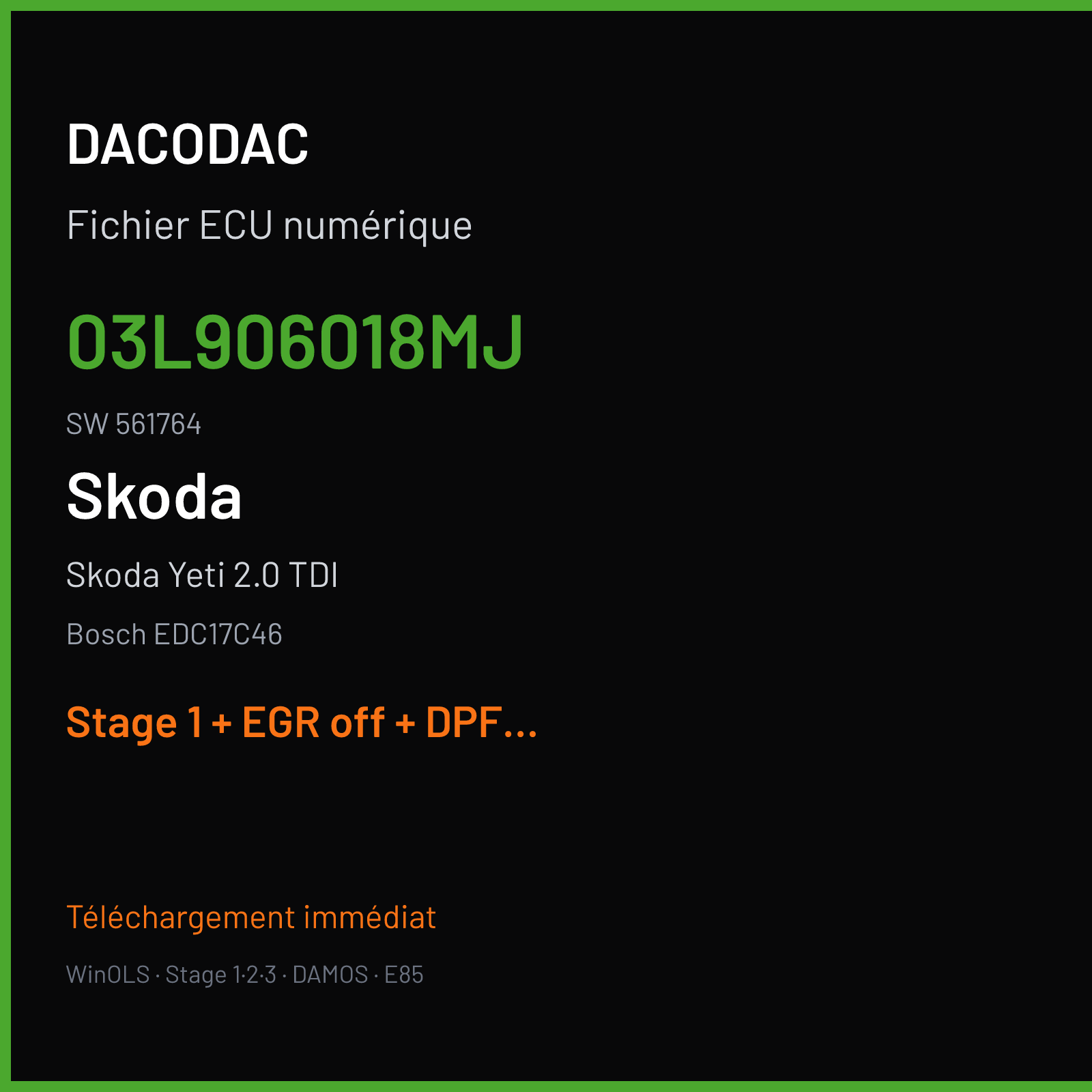 Skoda Yeti 2.0 TDI (2008) — Bosch EDC17C46 — 03L906018MJ · 561764 — Stage 1 + EGR off + DPF off + VMAX off