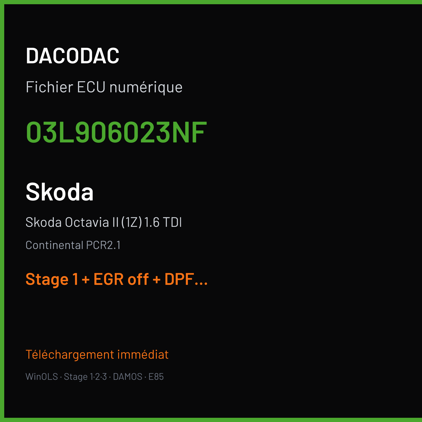 Skoda Octavia II (1Z) 1.6 TDI (2010) — Continental PCR2.1 — 03L906023NF — Stage 1 + EGR off + DPF off