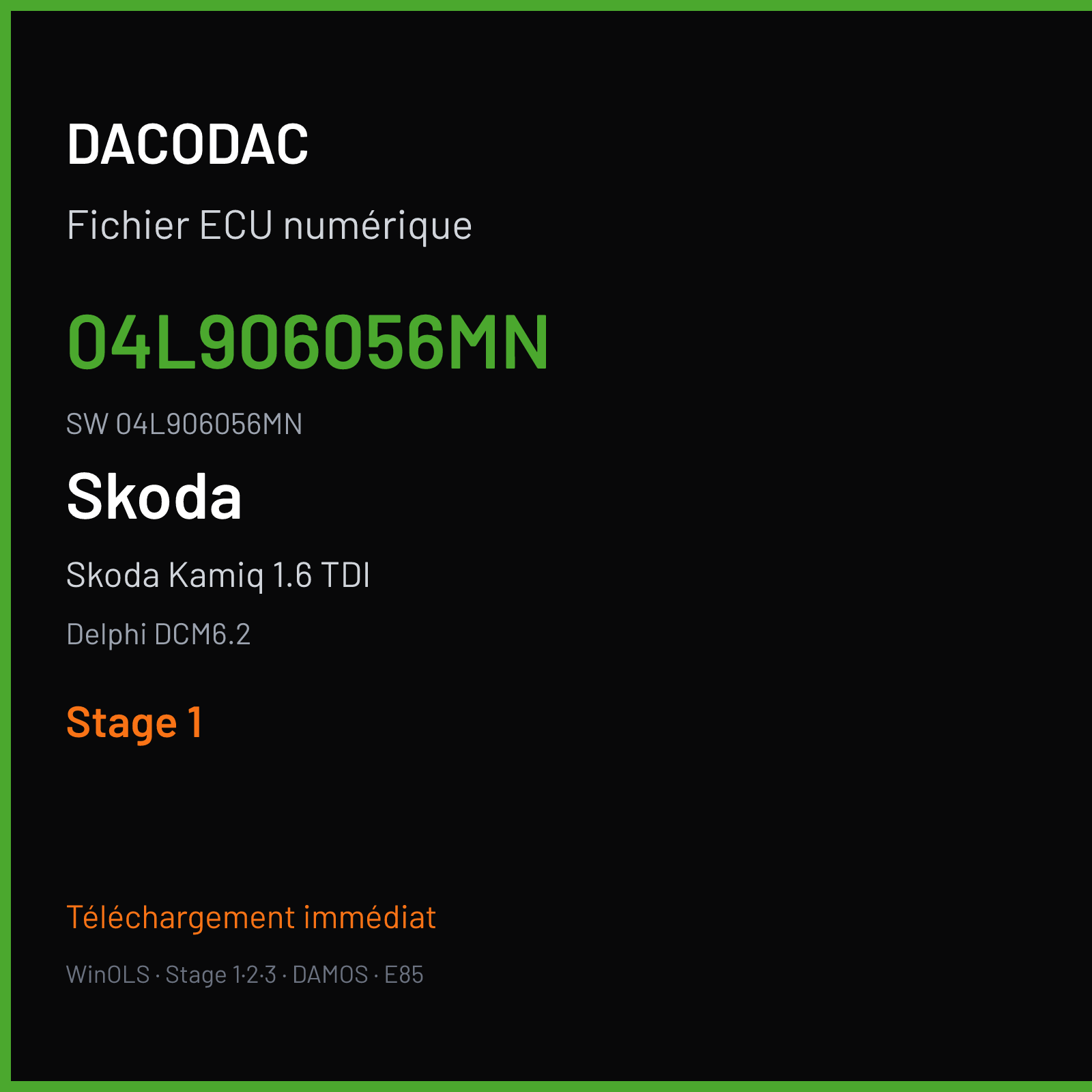 Skoda Kamiq 1.6 TDI 115 ch — Delphi DCM6.2 — 04L906056MN · 04L906056MN — Stage 1