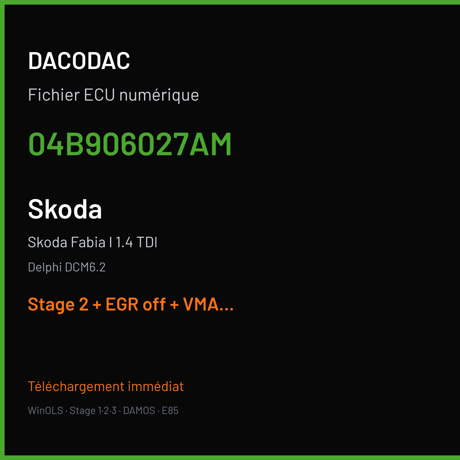 Skoda Fabia I 1.4 TDI (2016) — Delphi DCM6.2 — 04B906027AM — Stage 2 + EGR off + VMAX off