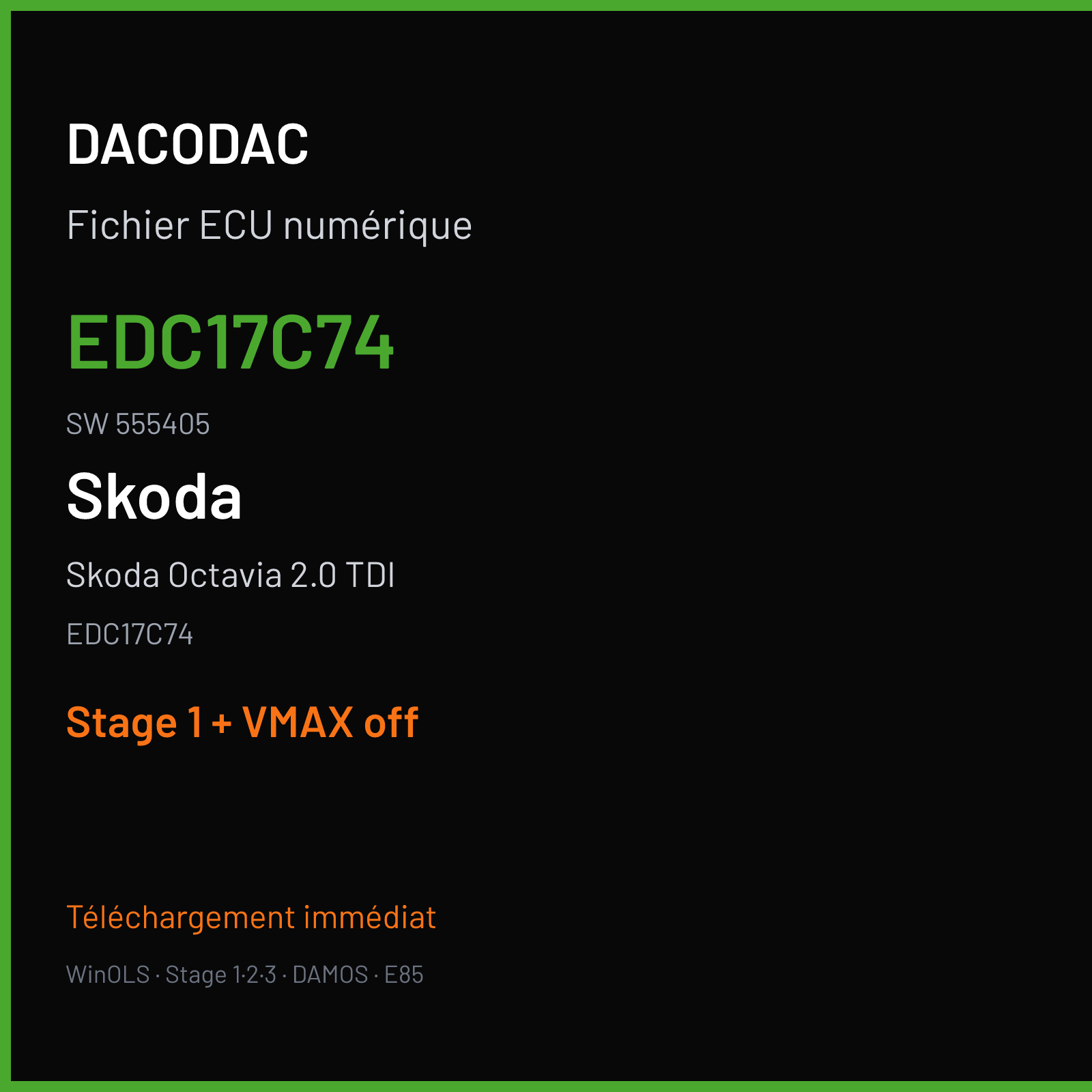Skoda Octavia 2.0 TDI (2018) — EDC17C74 — EDC17C74 · 555405 — Stage 1 + VMAX off