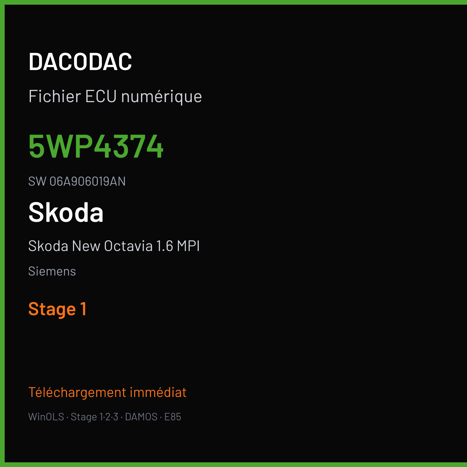 Skoda New Octavia 1.6 MPI 102 ch (1999) — Siemens — 5WP4374 · 06A906019AN · s211155010000 — Stage 1