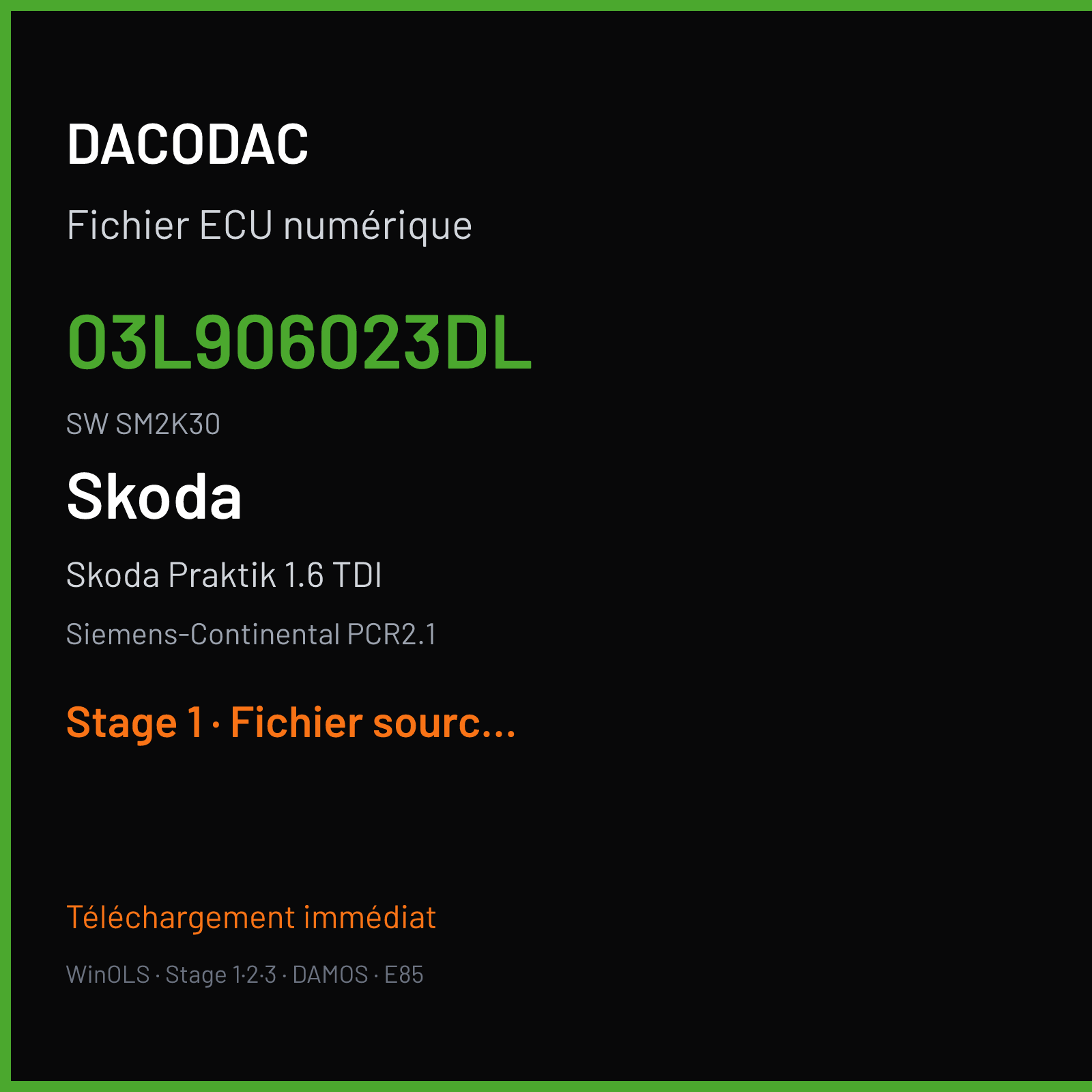 Skoda Praktik 1.6 TDI (2011) — Siemens-Continental PCR2.1 — 03L906023DL · SM2K30 — Stage 1