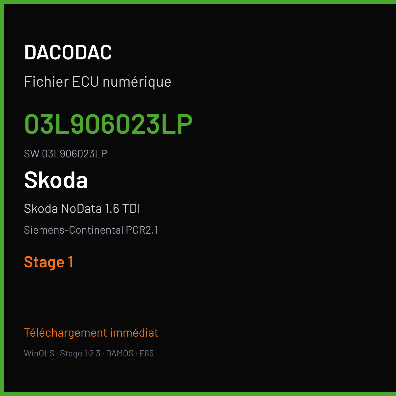 Skoda NoData 1.6 TDI 105 ch — Siemens-Continental PCR2.1 — 03L906023LP · 03L906023LP · SM2G0P2000000 — Stage 1