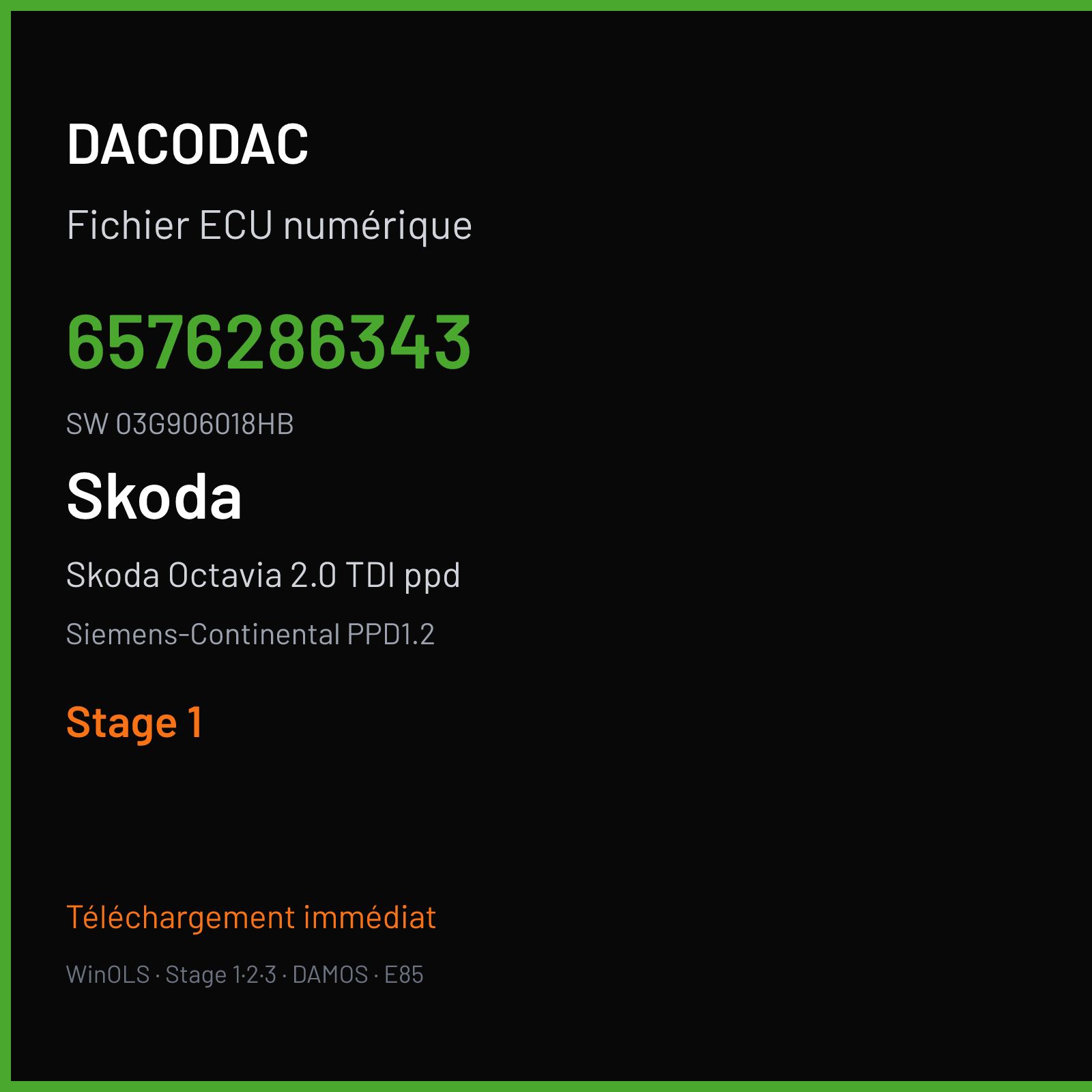 Skoda Octavia 2.0 TDI ppd 170 ch (2008) — Siemens-Continental PPD1.2 — 6576286343 · 03G906018HB · SN100L6000000 — Stage 1