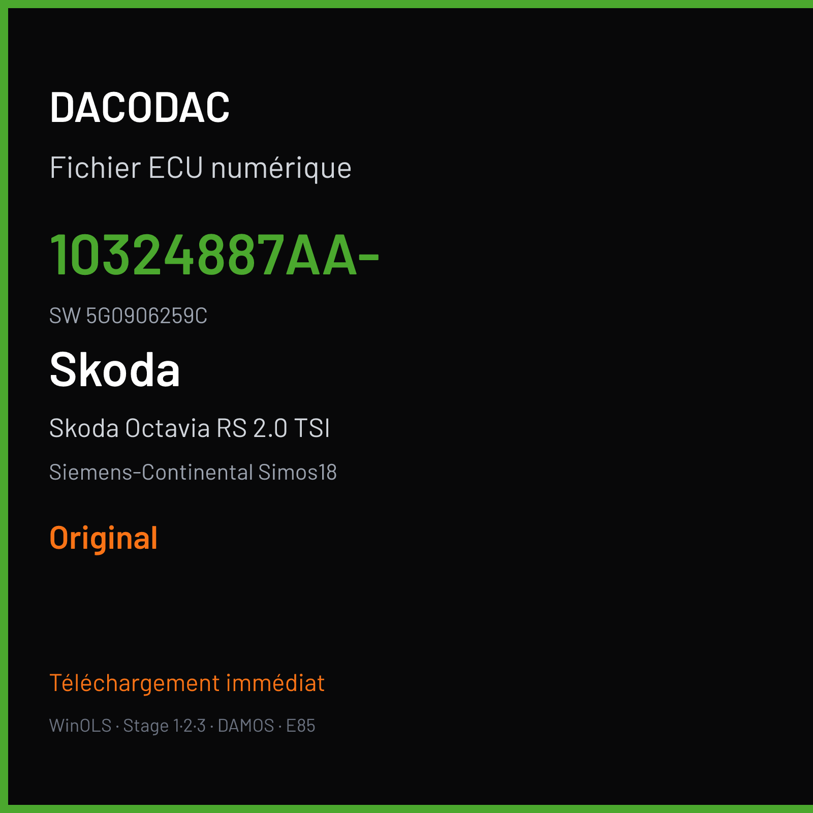 Skoda Octavia RS 2.0 TSI 220 ch (2015) — Siemens-Continental Simos18 — 10324887AA- · 5G0906259C · SC800LB600000 — Original