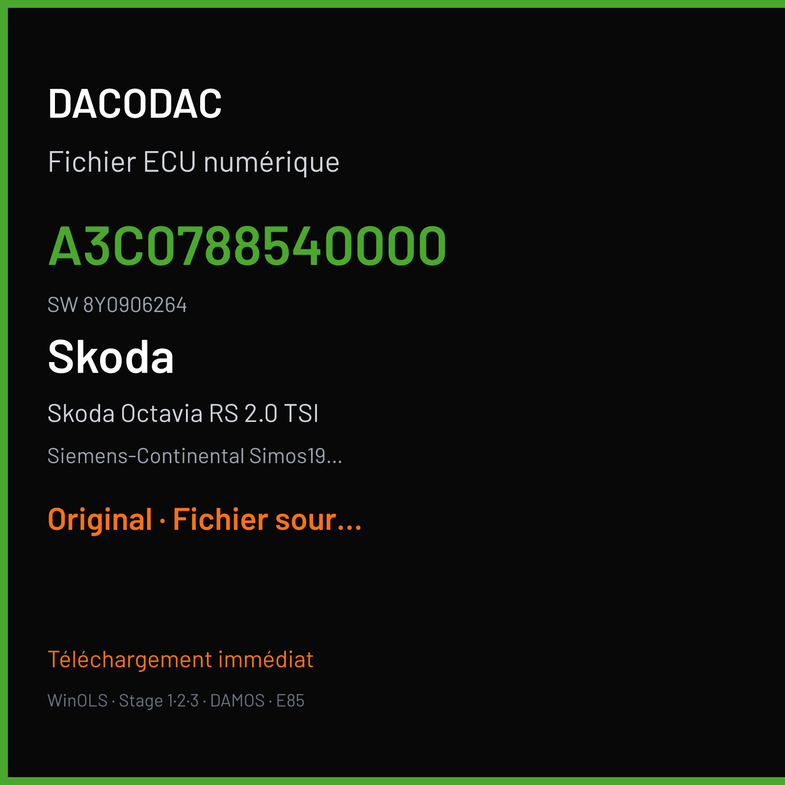 Skoda Octavia RS 2.0 TSI 245 ch (2021) — Siemens-Continental Simos19.6 — A3C0788540000 · 8Y0906264 · VWSCRC50 — Original