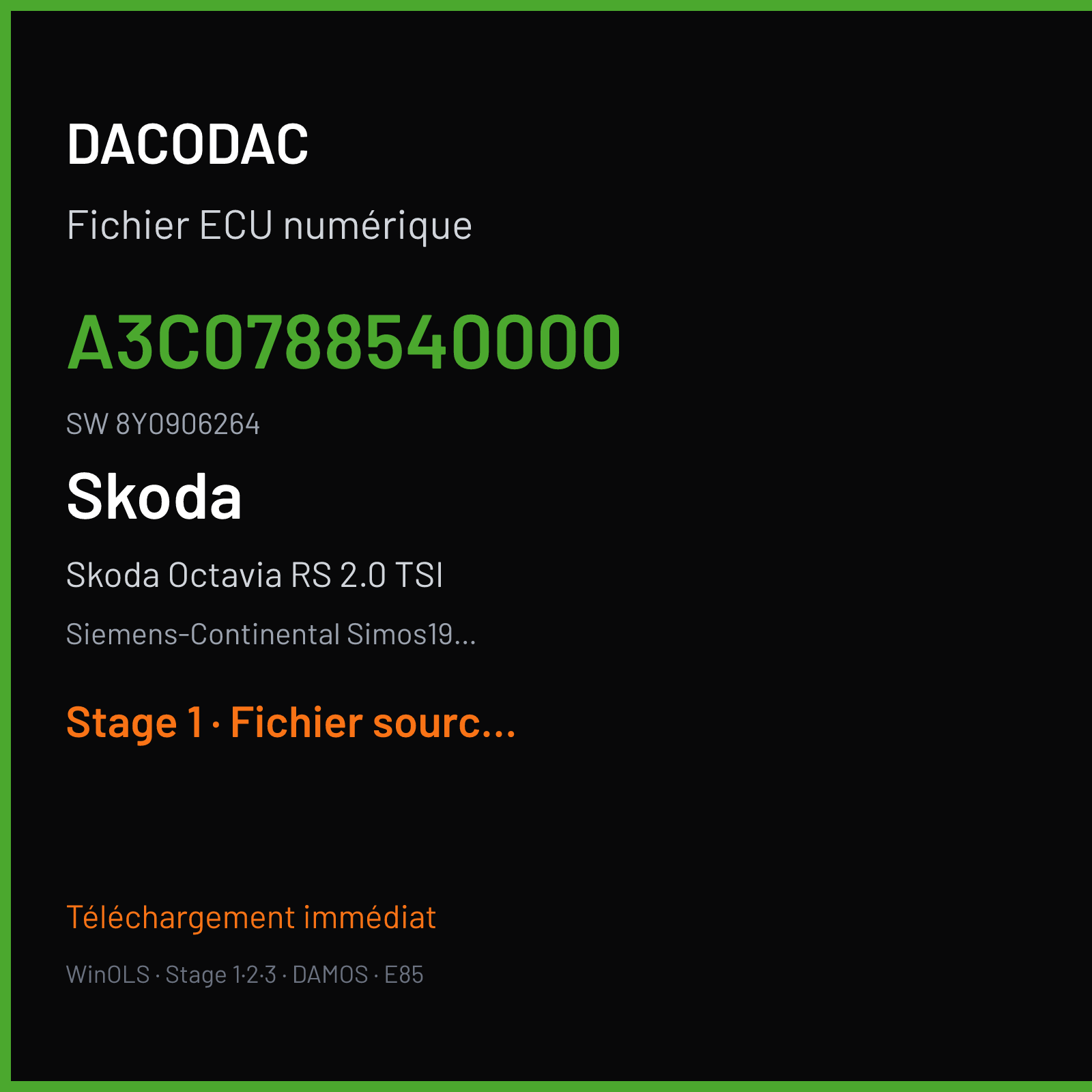 Skoda Octavia RS 2.0 TSI 245 ch (2021) — Siemens-Continental Simos19.6 — A3C0788540000 · 8Y0906264 · VWSCRC50 — Stage 1