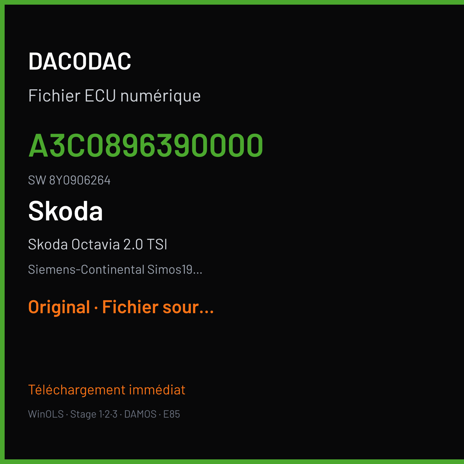 Skoda Octavia 2.0 TSI 245 ch (2021) — Siemens-Continental Simos19.6 — A3C0896390000 · 8Y0906264 · VWSCRC70 — Original