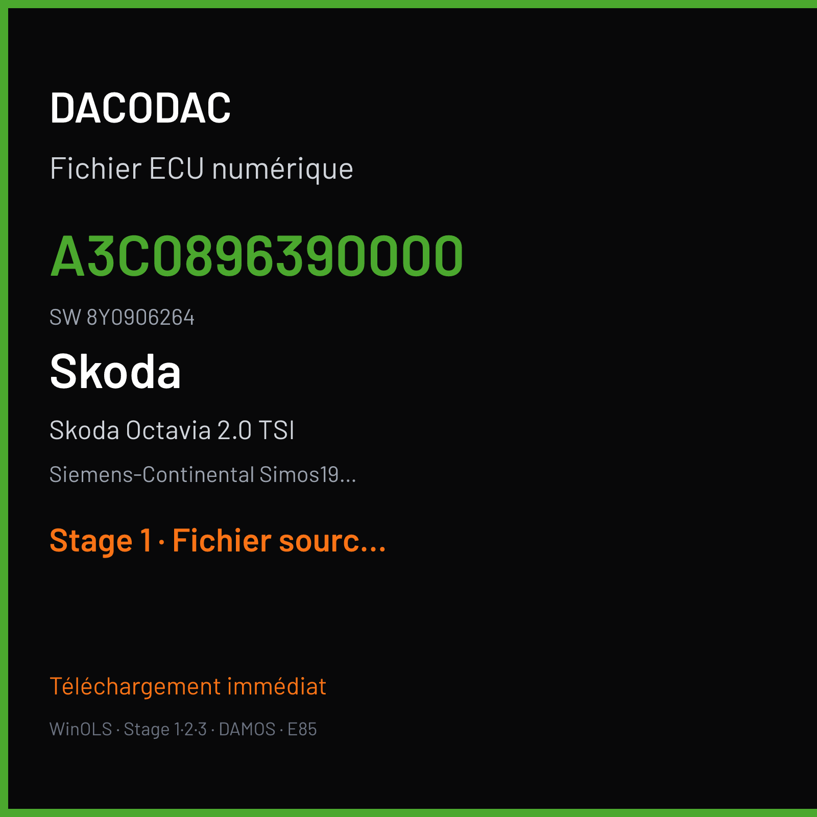 Skoda Octavia 2.0 TSI 245 ch (2021) — Siemens-Continental Simos19.6 — A3C0896390000 · 8Y0906264 · VWSCRC70 — Stage 1
