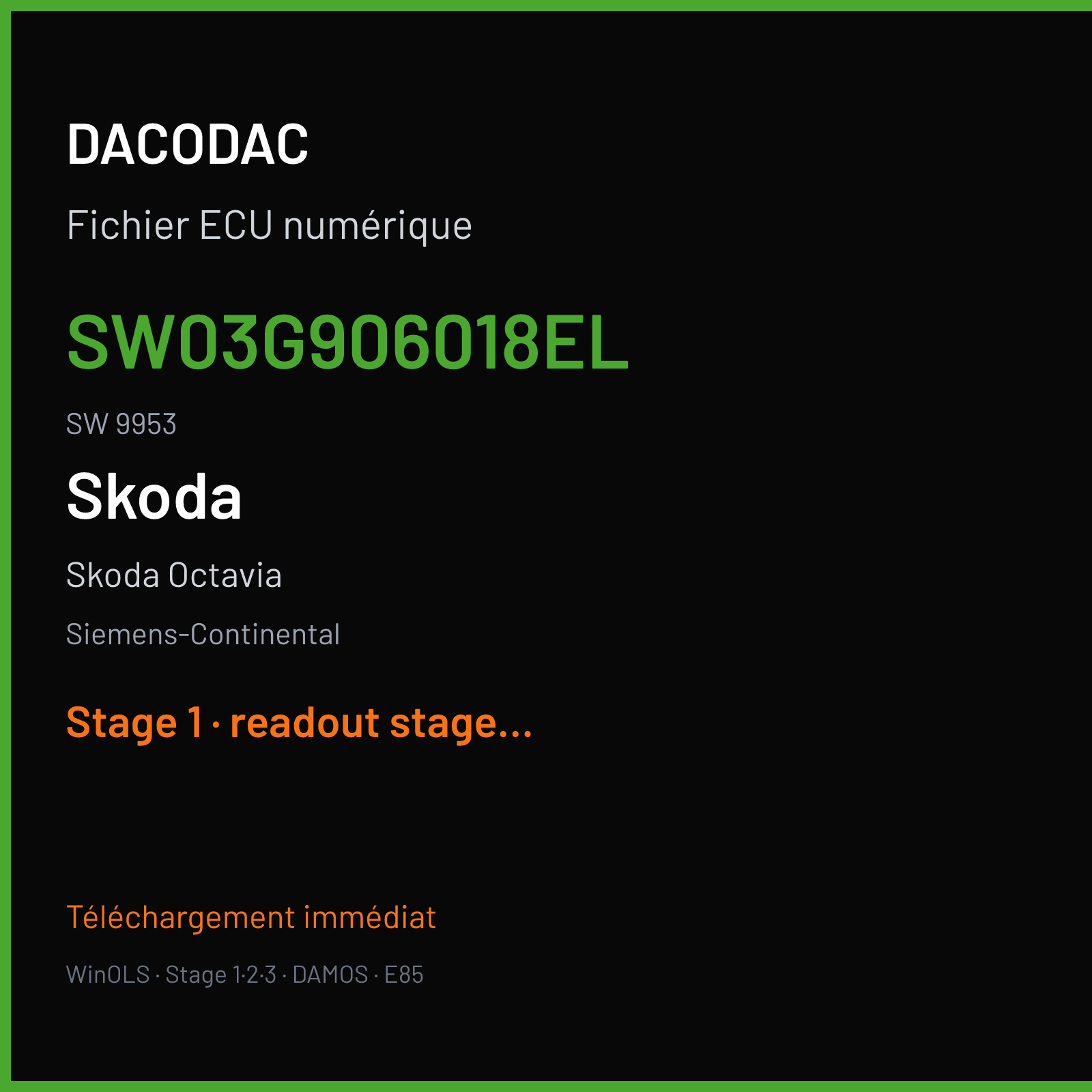 Skoda Octavia 170 ch (2007) — Siemens-Continental — SW03G906018EL · 9953 · 03G906018EL SN100L6000000 PPD — Stage 1