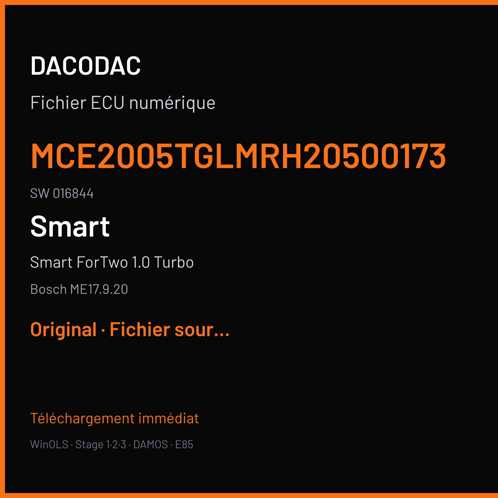 Smart ForTwo 1.0 Turbo (2015) — Bosch ME17.9.20 — MCE2005TGLMRH20500173 · 016844 — Original