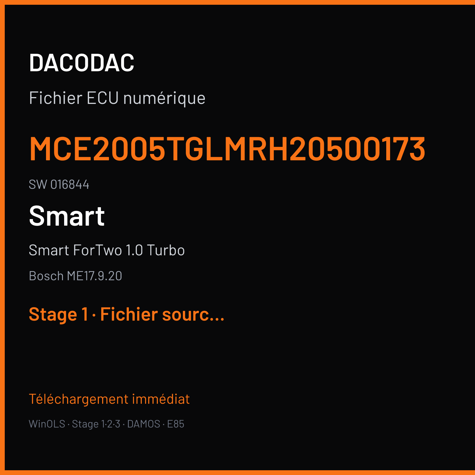 Smart ForTwo 1.0 Turbo (2015) — Bosch ME17.9.20 — MCE2005TGLMRH20500173 · 016844 — Stage 1