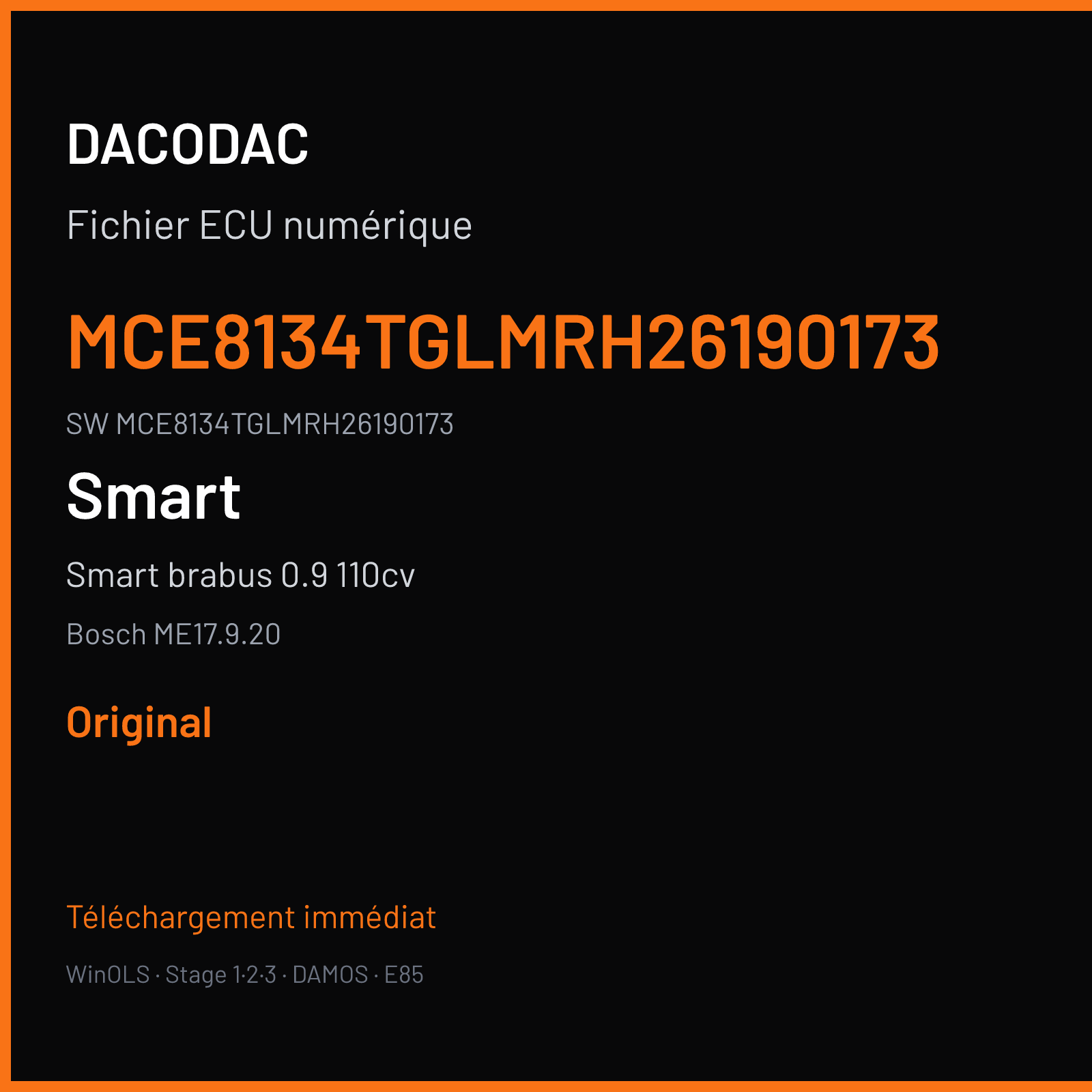 Smart brabus 0.9 110cv 110 ch — Bosch ME17.9.20 — MCE8134TGLMRH26190173 · MCE8134TGLMRH26190173 — Original