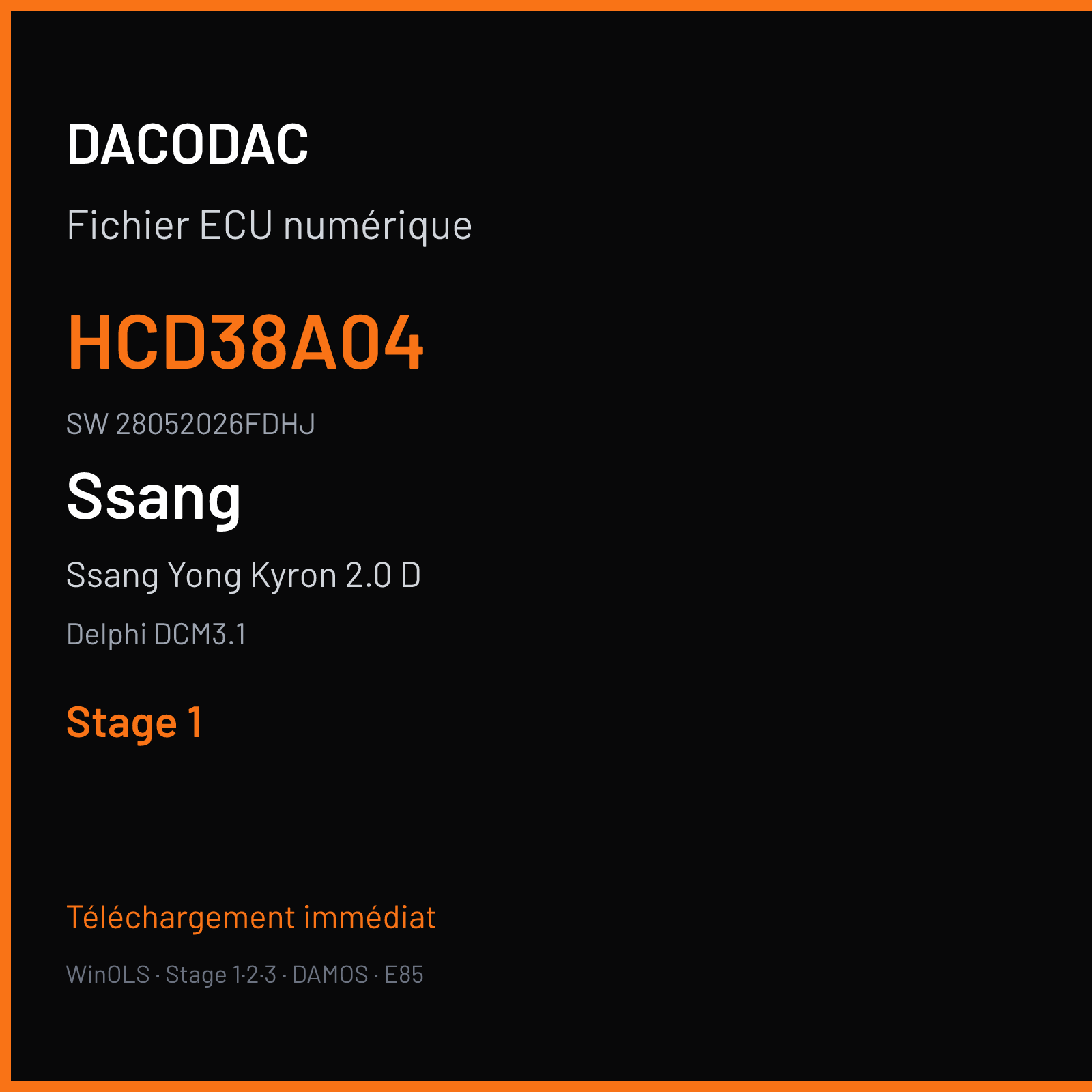 Ssang Yong Kyron 2.0 D 136 ch (2006) — Delphi DCM3.1 — HCD38A04 · 28052026FDHJ — Stage 1