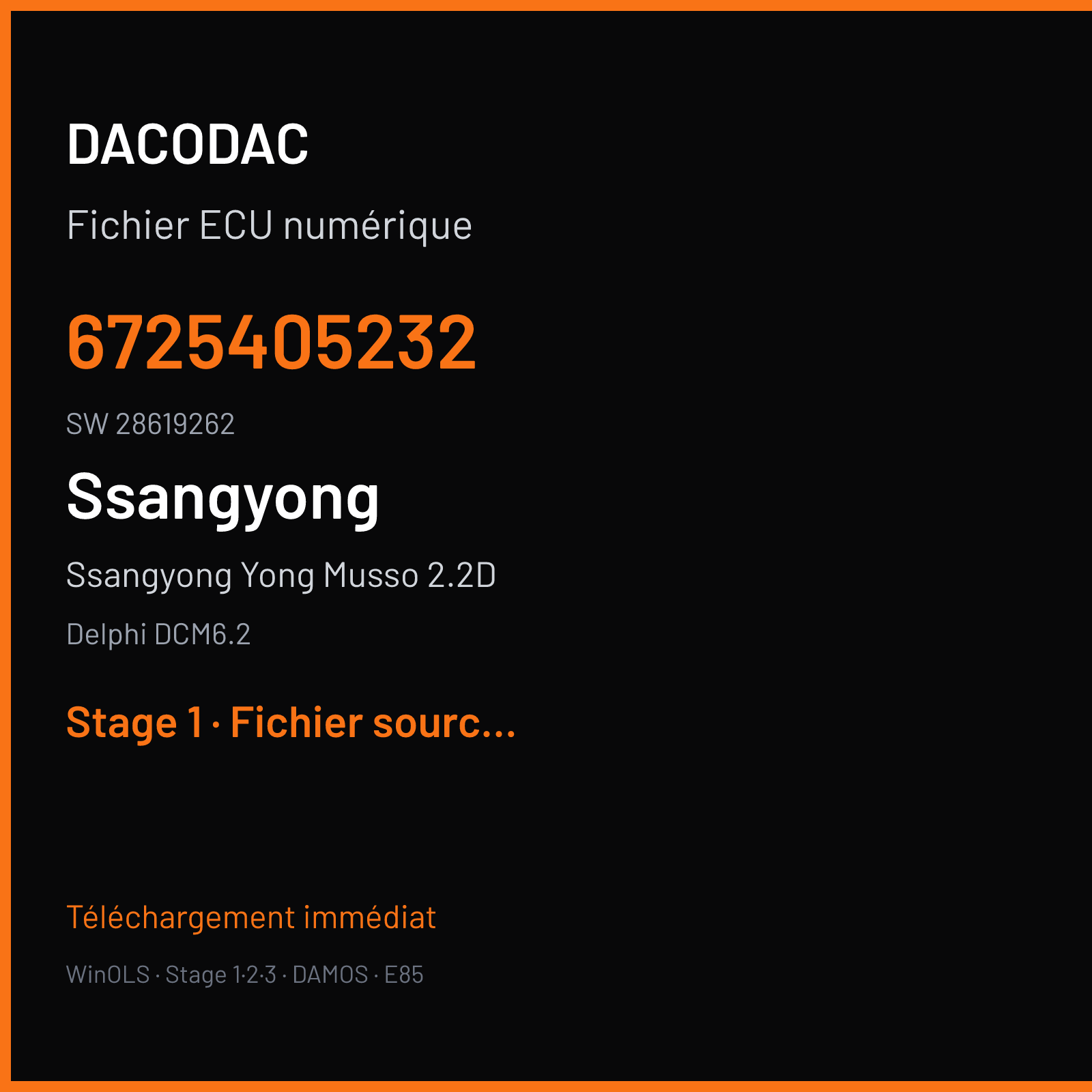 Ssangyong Yong Musso 2.2D 178 ch (2019) — Delphi DCM6.2 — 6725405232 · 28619262 · 1MSSYAPP D407D21 023 Q210L AT EXP 4WD — Stage 1