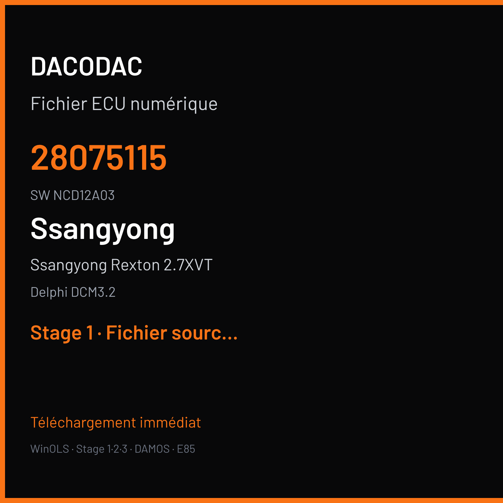 Ssangyong Rexton 2.7XVT (2007) — Delphi DCM3.2 — 28075115 · NCD12A03 — Stage 1