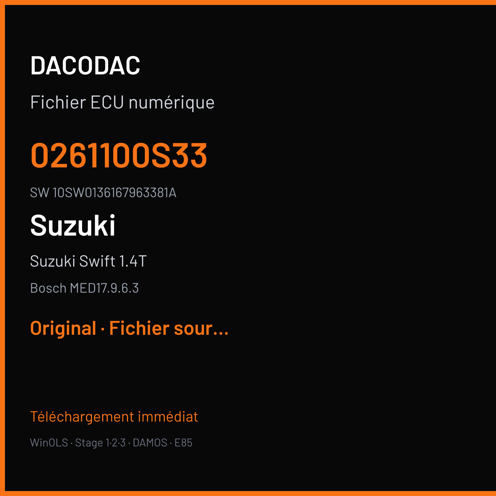 Suzuki Swift 1.4T 140 ch (2019) — Bosch MED17.9.6.3 — 0261100S33 · 10SW0136167963381A · 031619 — Original