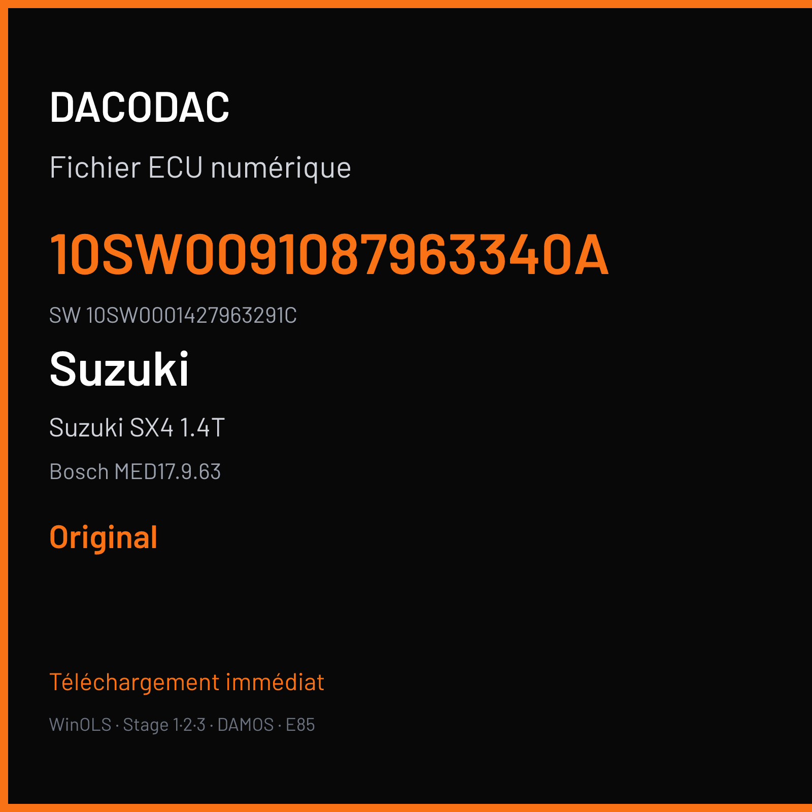 Suzuki SX4 1.4T 140 ch (2018) — Bosch MED17.9.63 — 10SW0091087963340A · 10SW0001427963291C · 009108 — Original