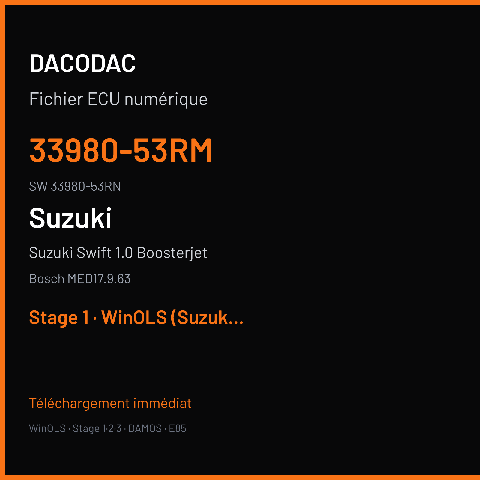 Suzuki Swift 1.0 Boosterjet 111 ch (2017) — Bosch MED17.9.63 — 33980-53RM · 33980-53RN · 014350 — Stage 1