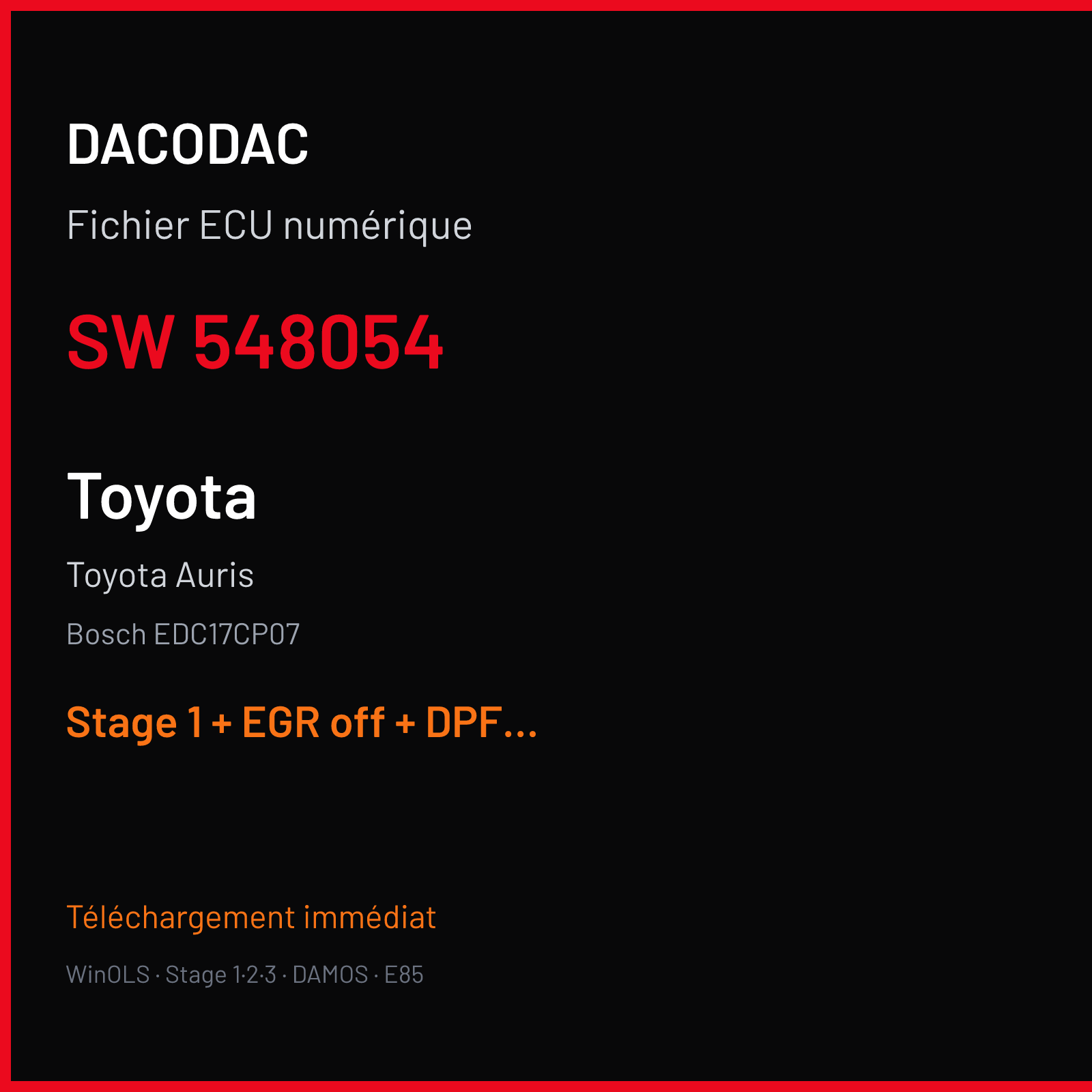 Toyota Auris (2008) — Bosch EDC17CP07 — 548054 — Stage 1 + EGR off + DPF off