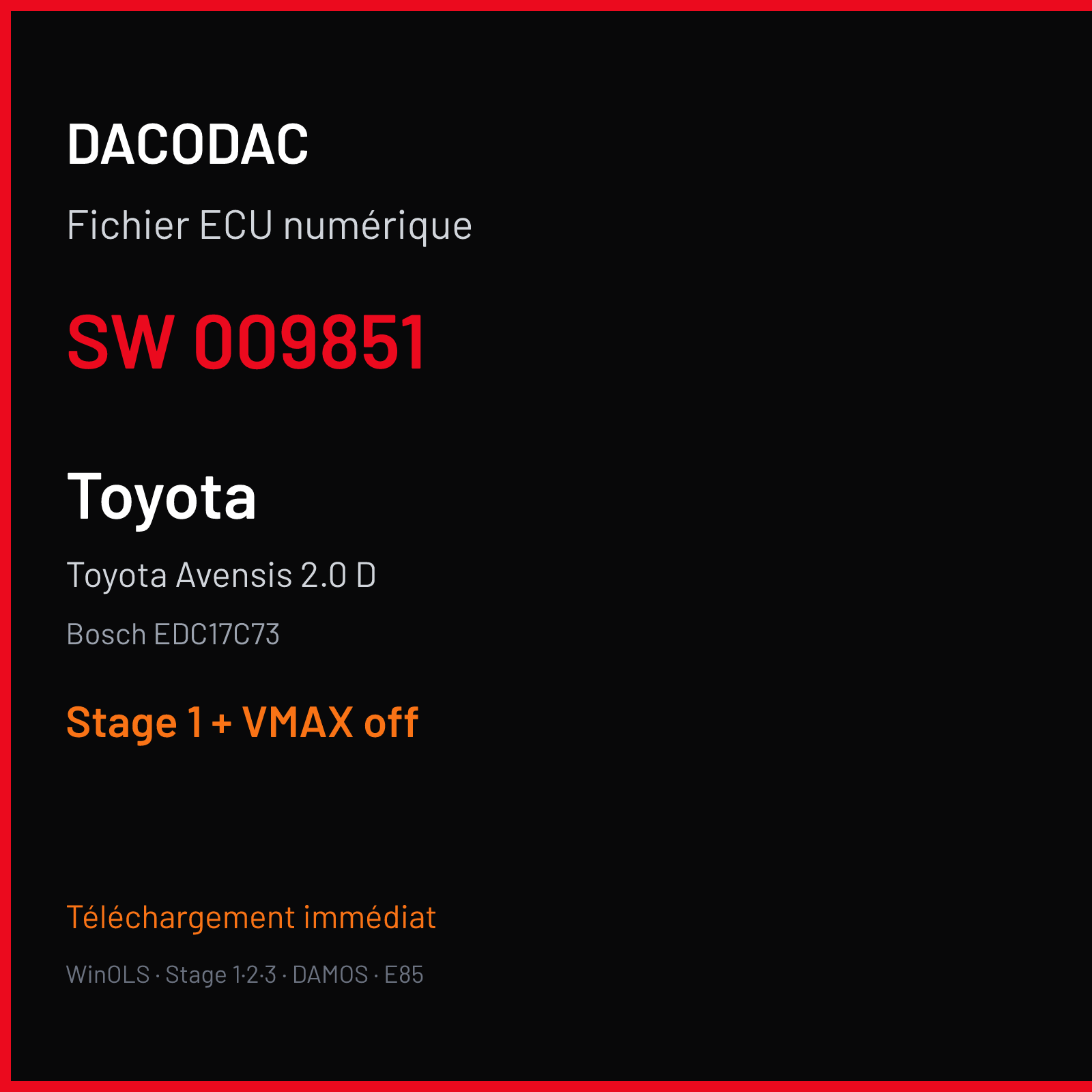 Toyota Avensis 2.0 D (2017) — Bosch EDC17C73 — 009851 — Stage 1 + VMAX off