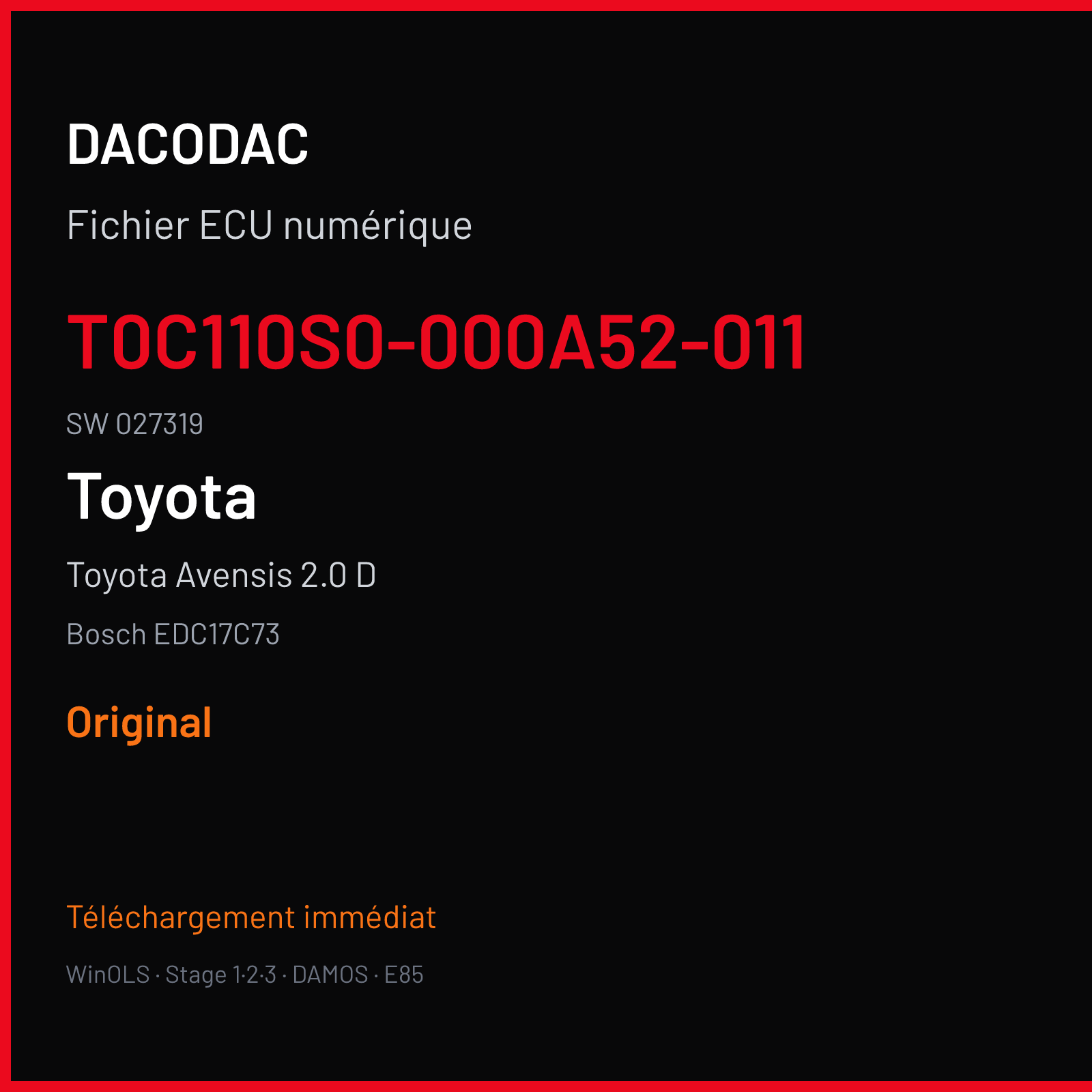 Toyota Avensis 2.0 D (2016) — Bosch EDC17C73 — T0C110S0-000A52-011 · 027319 — Original