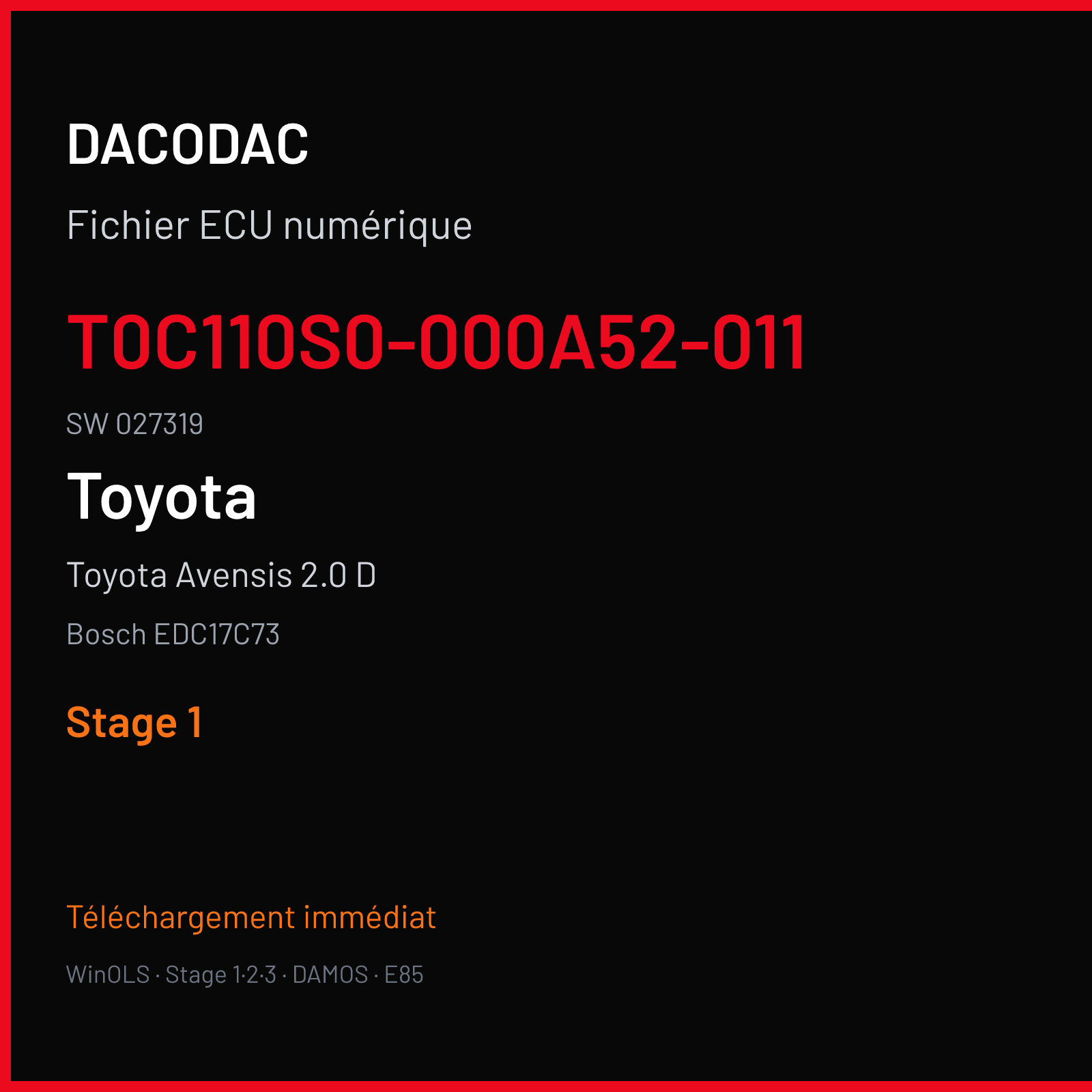 Toyota Avensis 2.0 D (2016) — Bosch EDC17C73 — T0C110S0-000A52-011 · 027319 — Stage 1