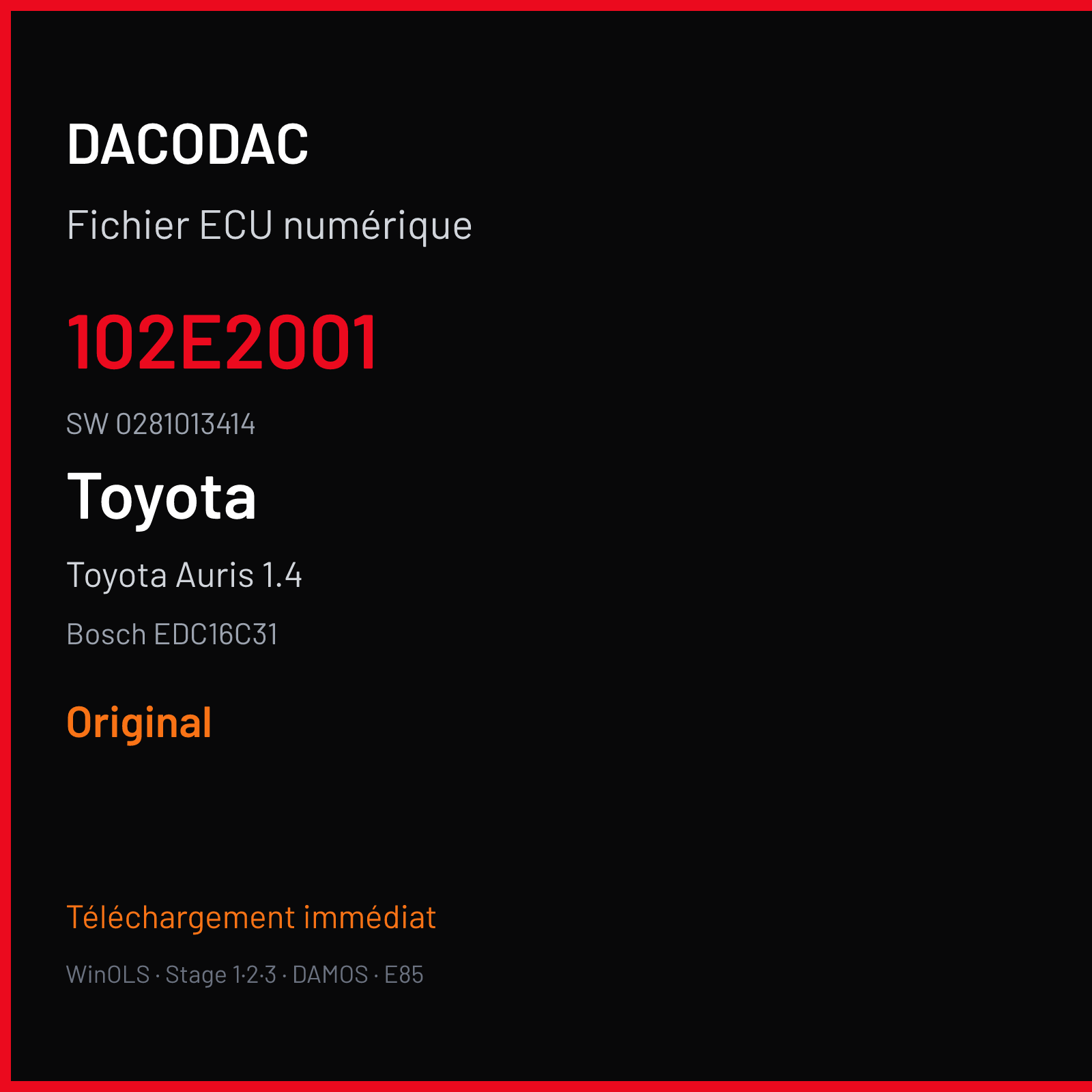 Toyota Auris 1.4 90 ch (2013) — Bosch EDC16C31 — 102E2001 · 0281013414 · 391924 — Original