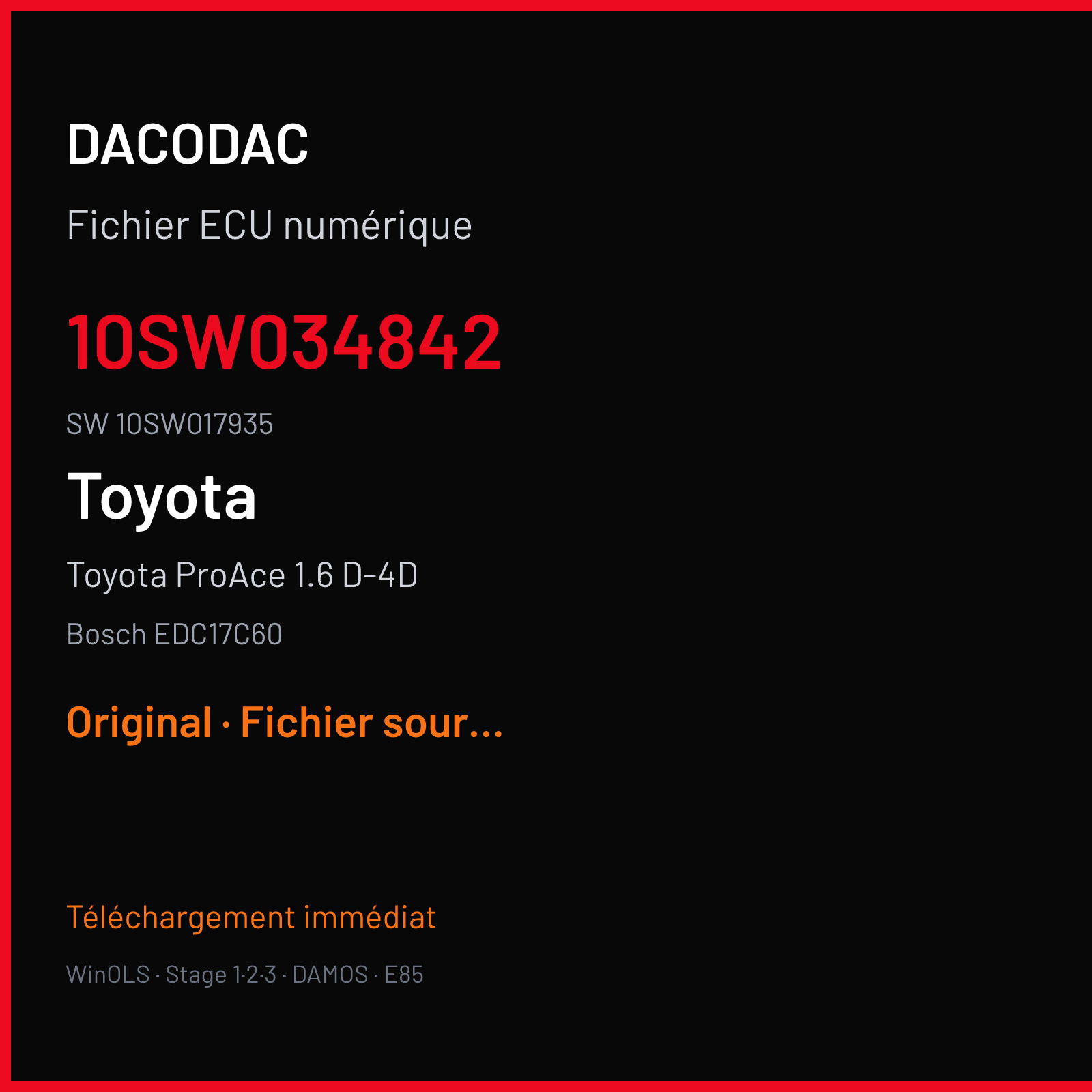 Toyota ProAce 1.6 D-4D 115 ch (2019) — Bosch EDC17C60 — 10SW034842 · 10SW017935 · 034842 — Original