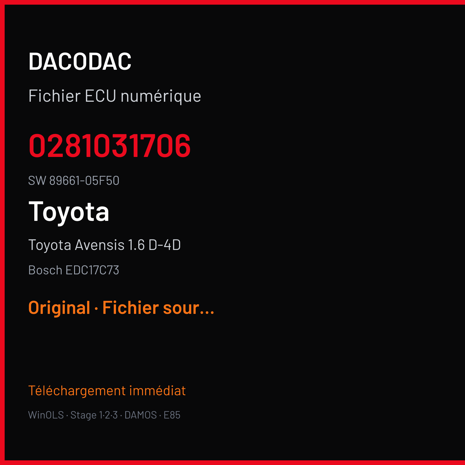 Toyota Avensis 1.6 D-4D 112 ch (2015) — Bosch EDC17C73 — 0281031706 · 89661-05F50 · 555719 — Original