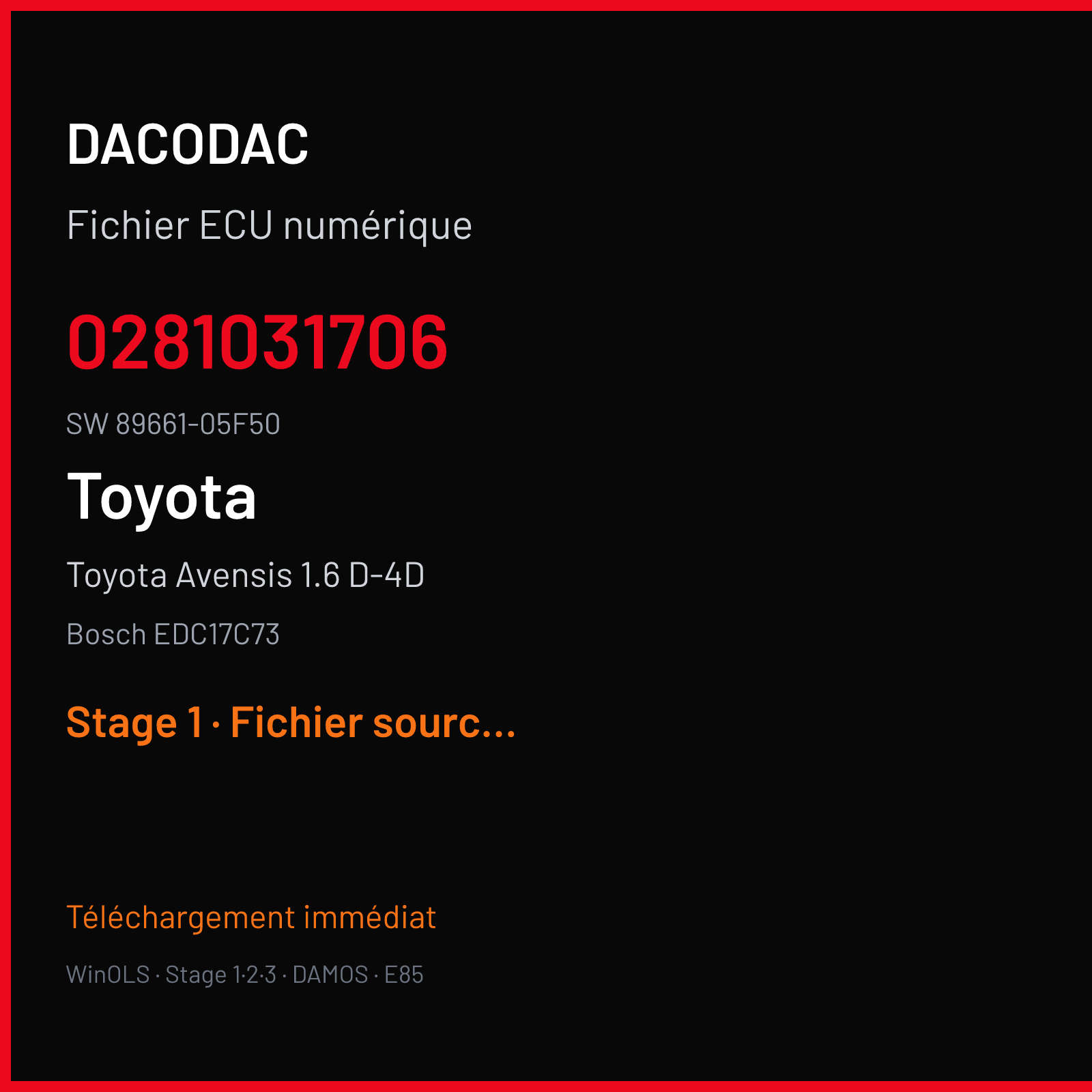 Toyota Avensis 1.6 D-4D 112 ch (2015) — Bosch EDC17C73 — 0281031706 · 89661-05F50 · 555719 — Stage 1