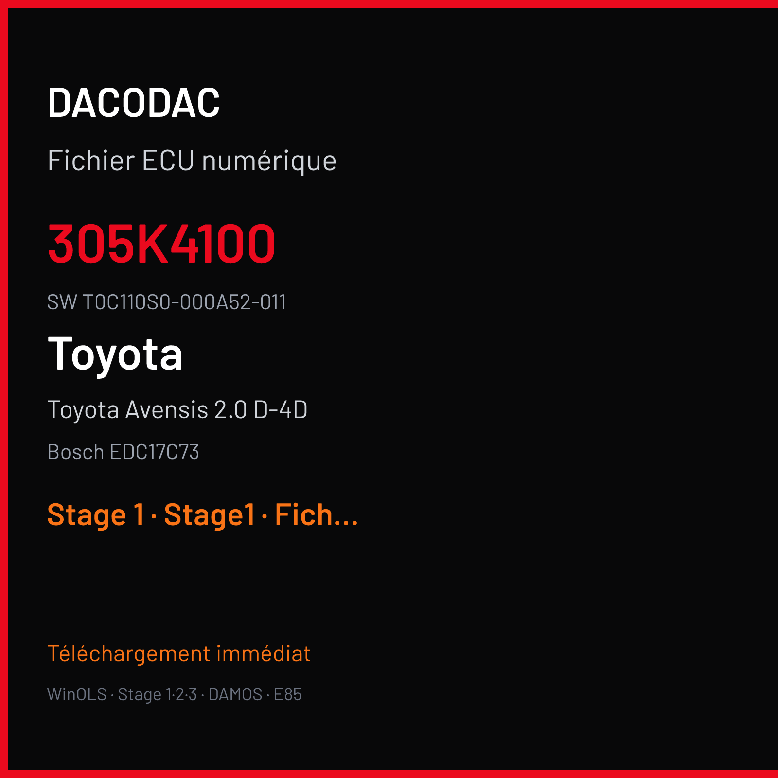 Toyota Avensis 2.0 D-4D 143 ch (2016) — Bosch EDC17C73 — 305K4100 · T0C110S0-000A52-011 · 10SW027319 1284C130 — Stage 1