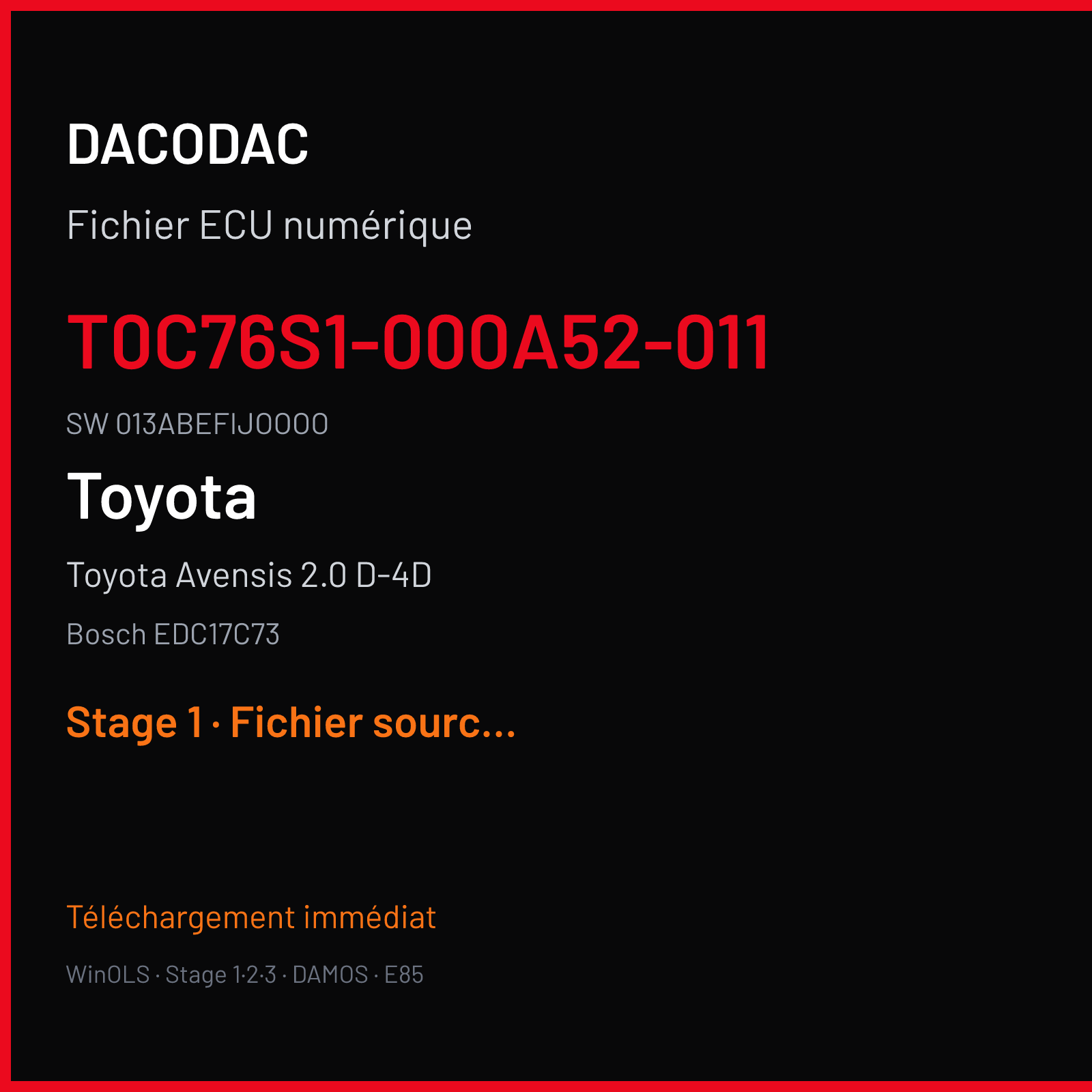 Toyota Avensis 2.0 D-4D 143 ch (2015) — Bosch EDC17C73 — T0C76S1-000A52-011 · 013ABEFIJOOOO · 555720 — Stage 1