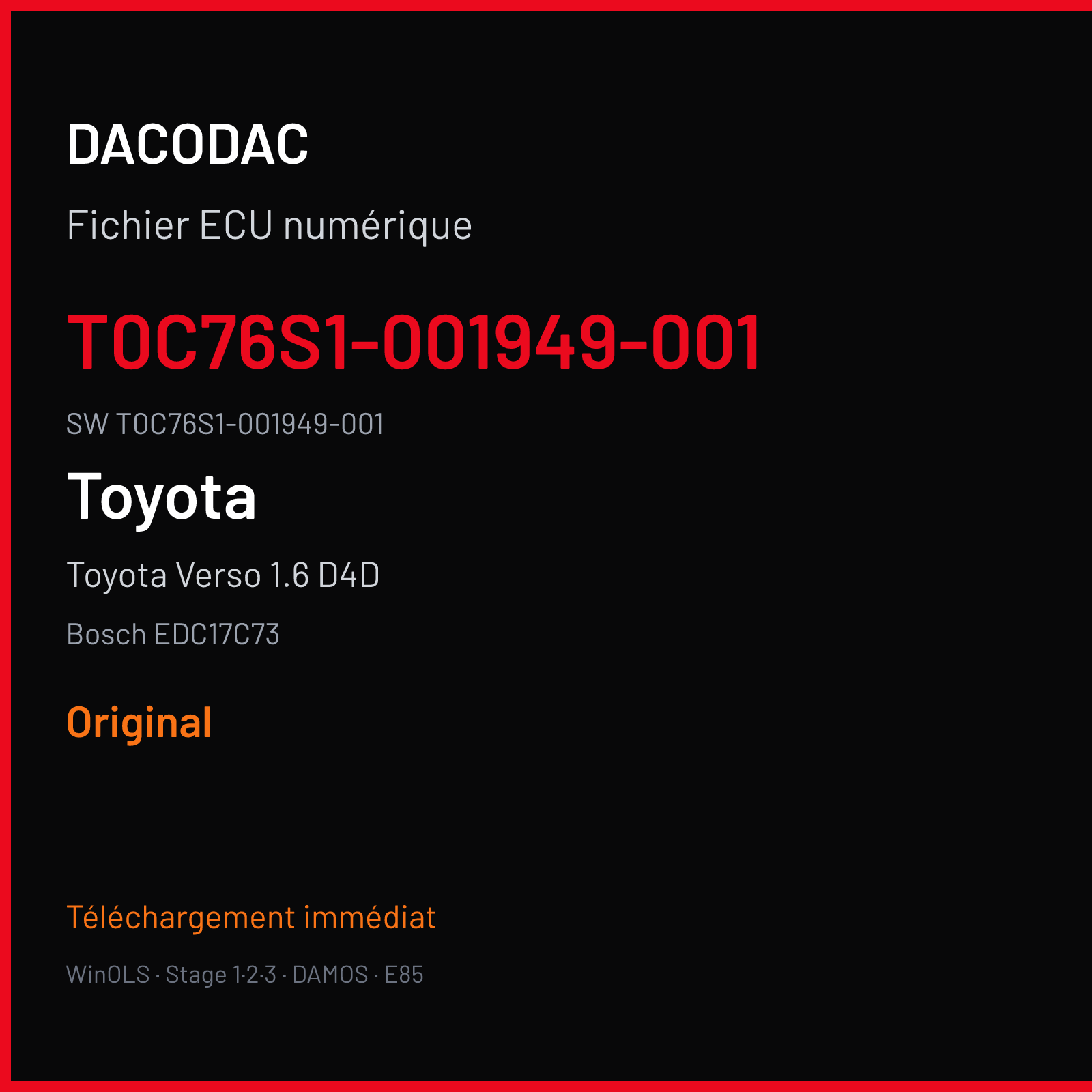 Toyota Verso 1.6 D4D 112 ch (2014) — Bosch EDC17C73 — T0C76S1-001949-001 · T0C76S1-001949-001 · 555671 — Original