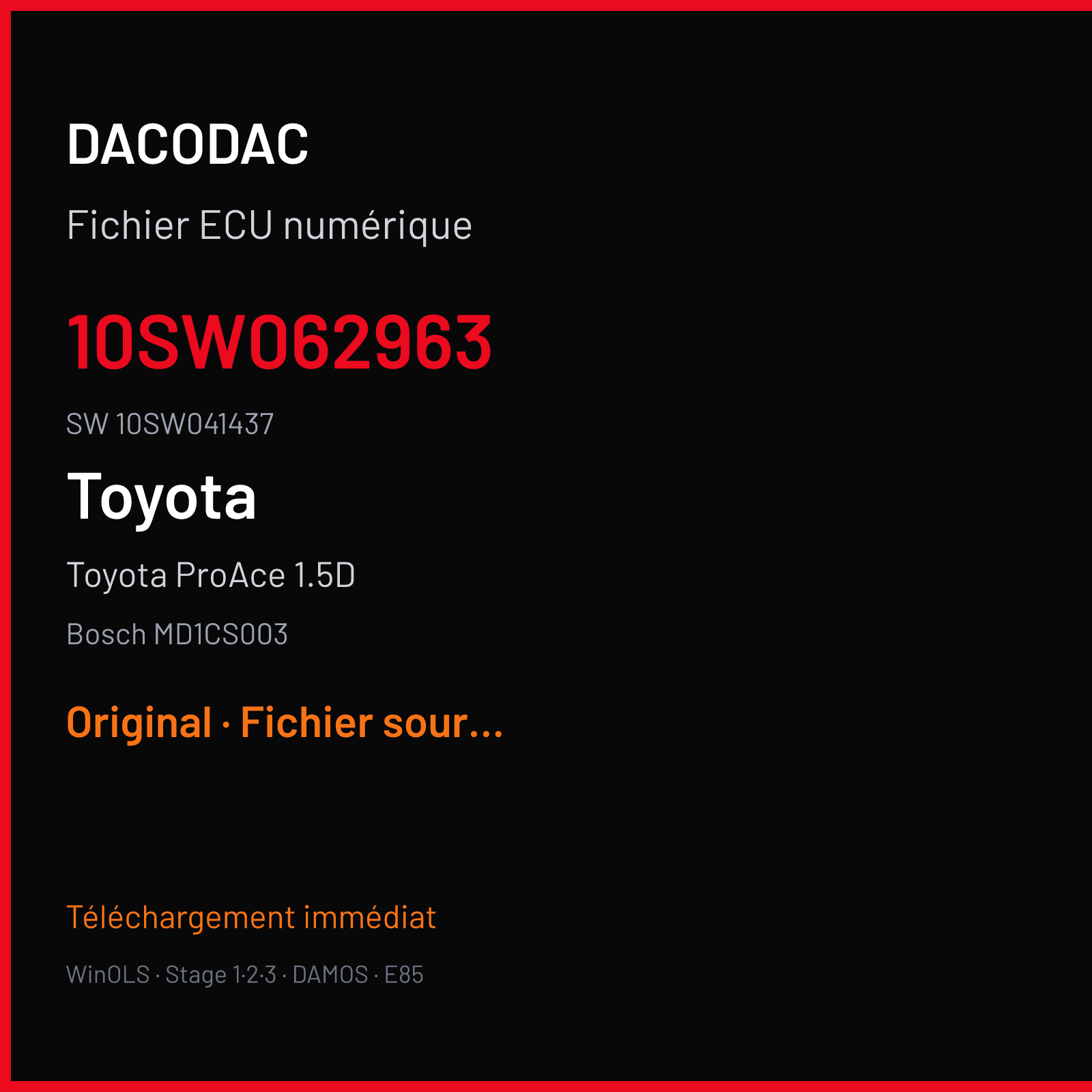 Toyota ProAce 1.5D 102 ch (2020) — Bosch MD1CS003 — 10SW062963 · 10SW041437 · 062963 — Original
