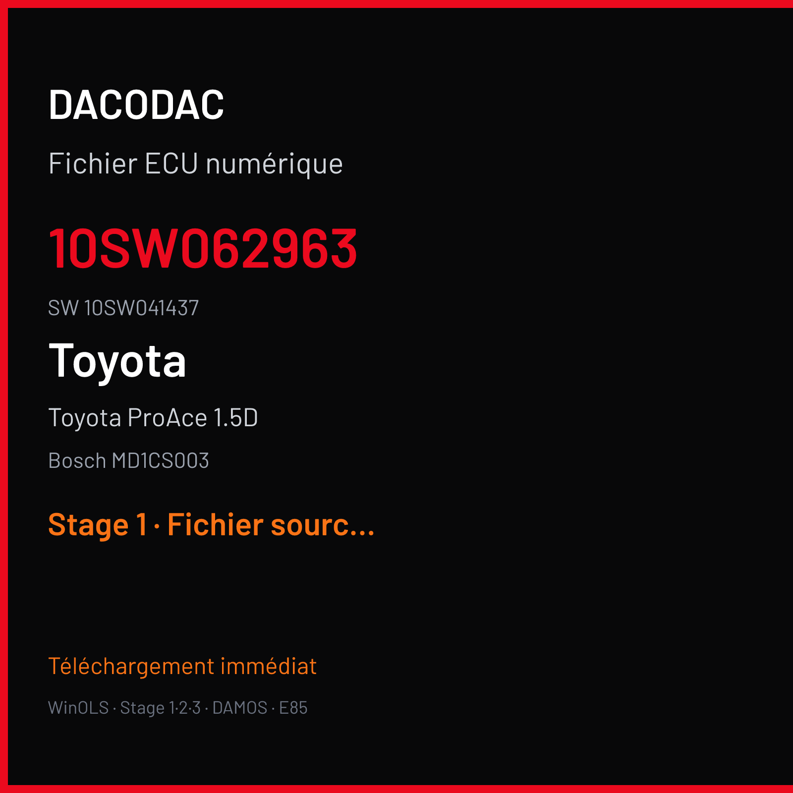 Toyota ProAce 1.5D 102 ch (2020) — Bosch MD1CS003 — 10SW062963 · 10SW041437 · 062963 — Stage 1