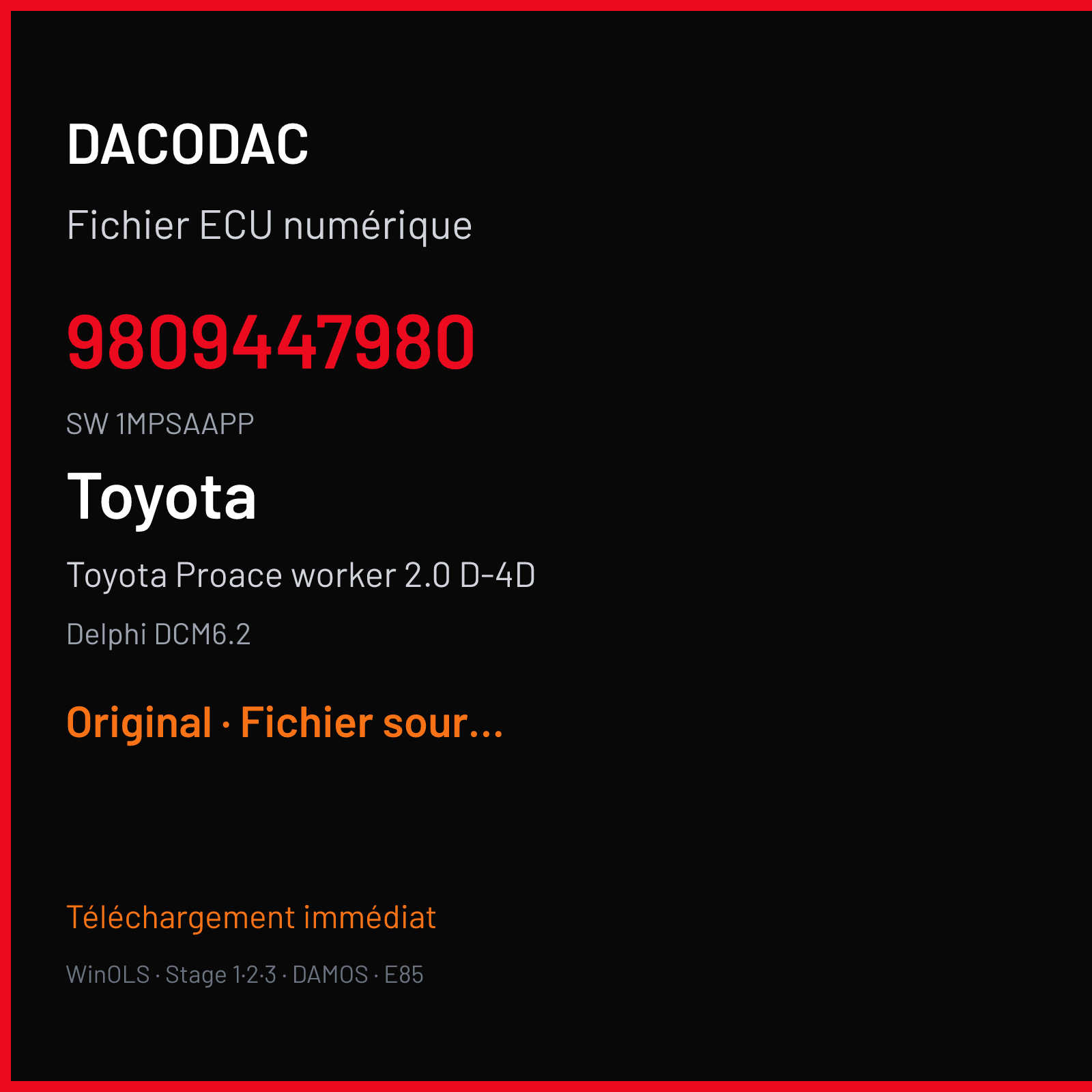 Toyota Proace worker 2.0 D-4D 177 ch (2017) — Delphi DCM6.2 — 9809447980 · 1MPSAAPP · E230D12 160927 6J4G PIL8B 4ATOD 9692492080 — Original